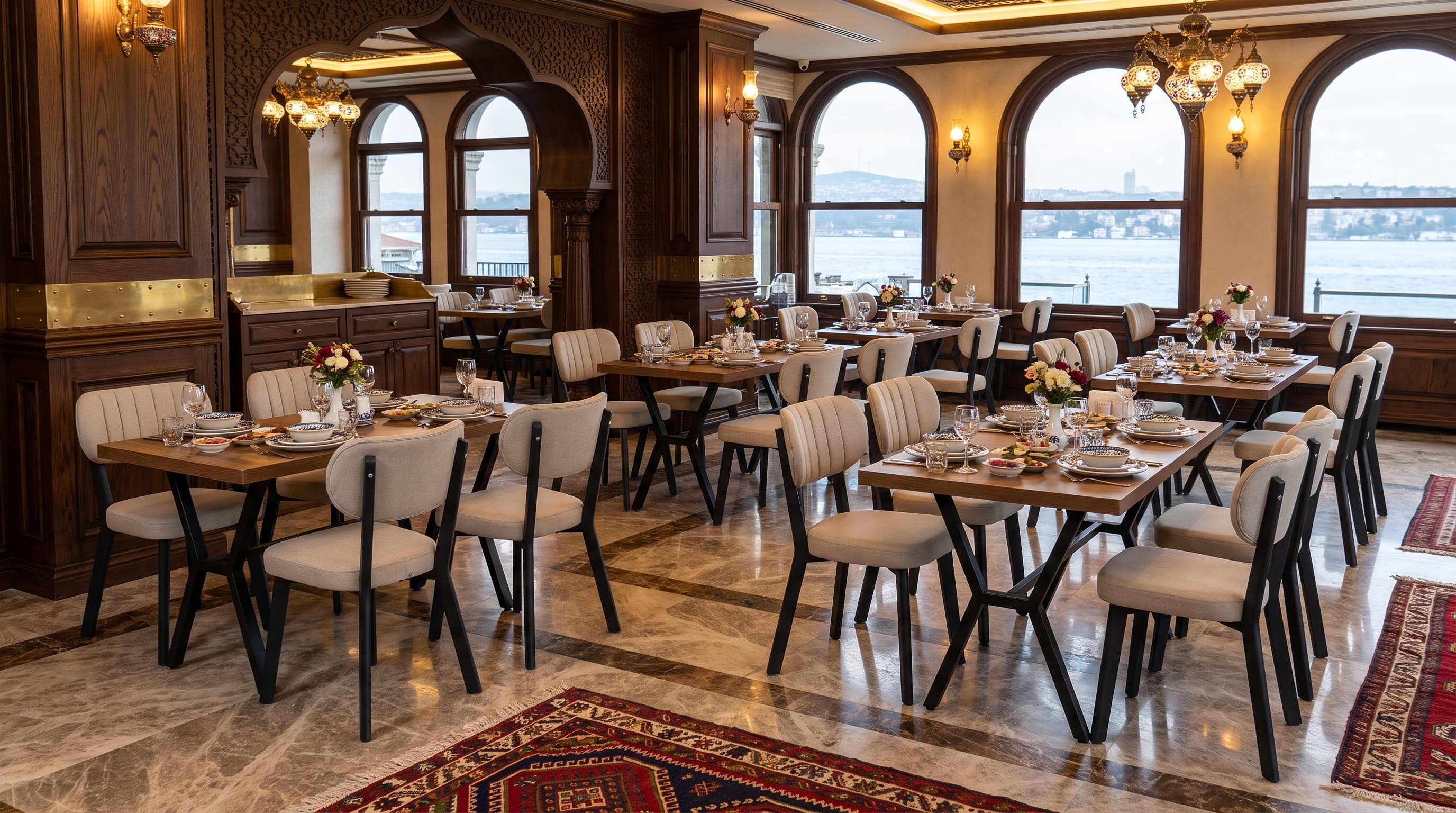 Servise hazırlanmış bir restoran salonu; takım hâlinde döşemeli sandalyeler ve ahşap masalar