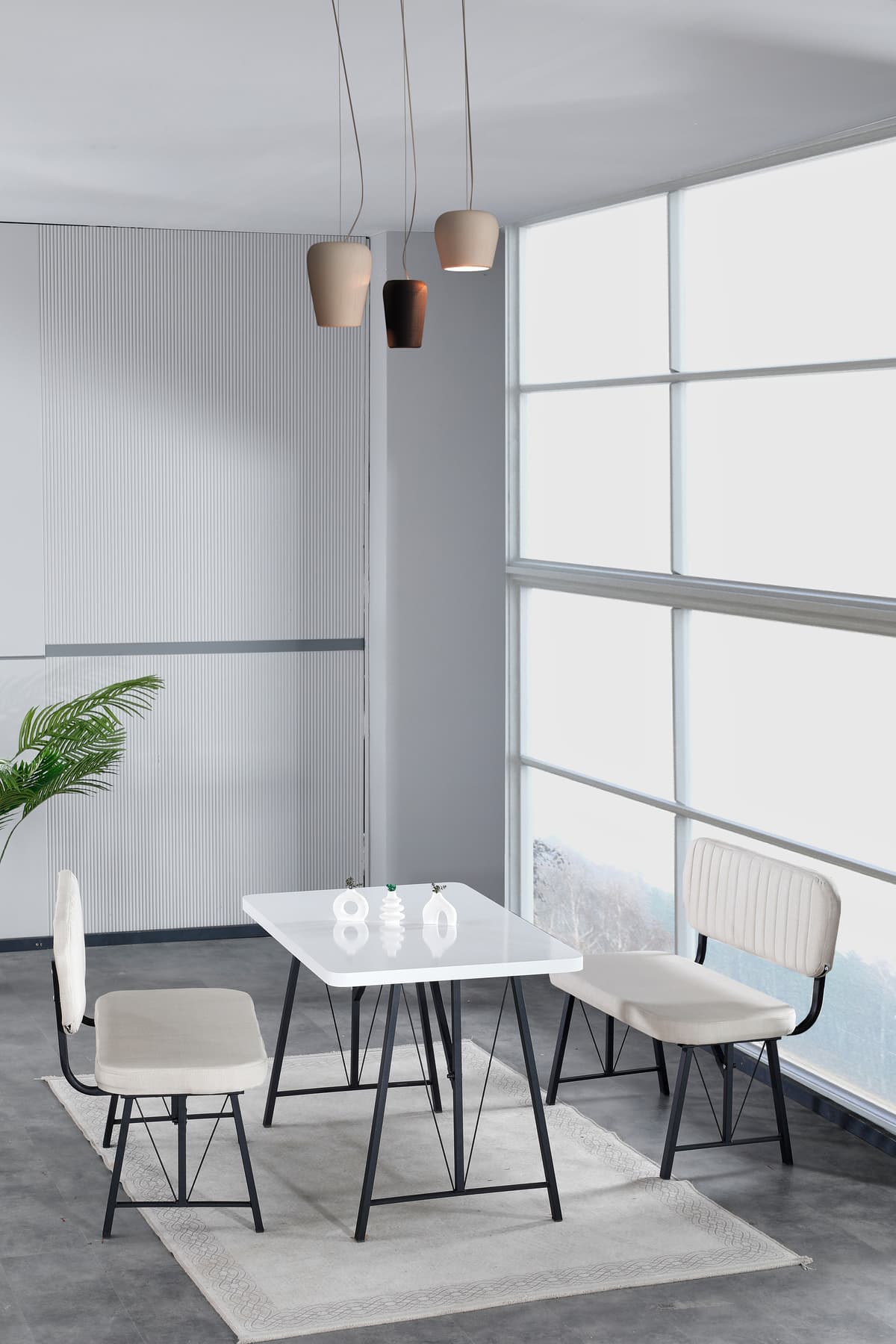 Mygusi Hayat 70x110 Beyaz Mutfak Masası, Mutfak Masası Takımı, Yemek Masası, 2 Benchli - Krem