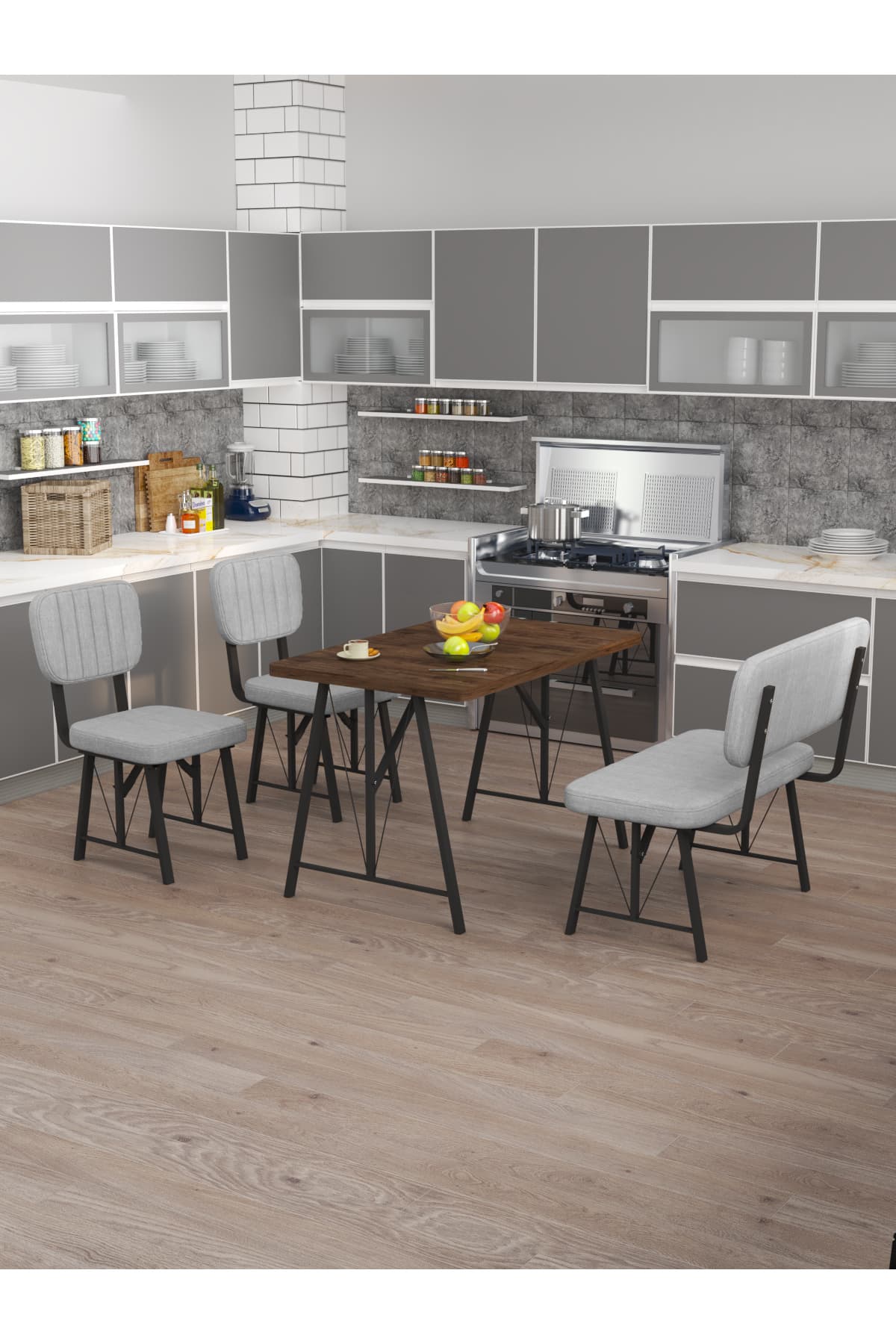 Mygusi Hayat 70x110 Amalfi Mutfak Masası, Mutfak Masası Takımı, Yemek Masası, 2 Sandalye 1 Bench - Açık Gri