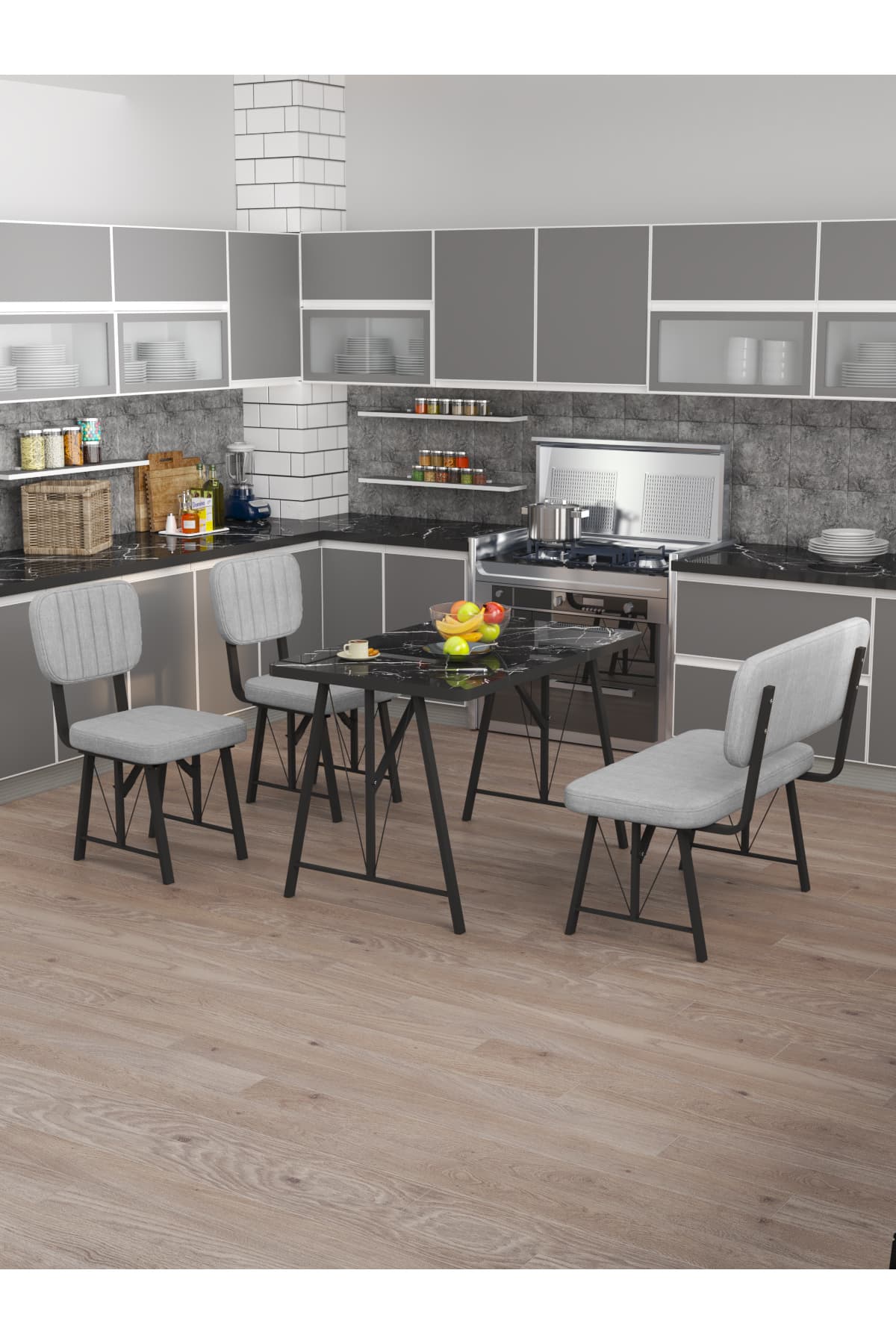 Mygusi Hayat 70x110 Bendir Mutfak Masası, Mutfak Masası Takımı, Yemek Masası, 2 Sandalye 1 Bench - Açık Gri