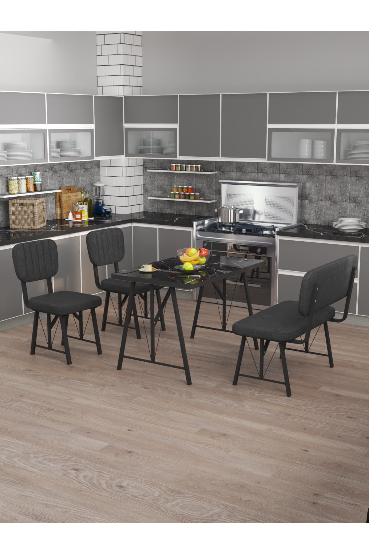 Mygusi Hayat 70x110 Bendir Mutfak Masası, Mutfak Masası Takımı, Yemek Masası, 2 Sandalye 1 Bench - Antrasit