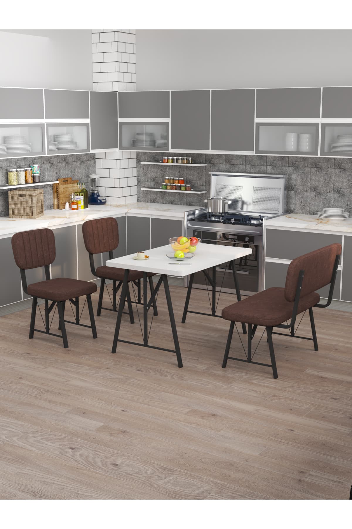 Mygusi Hayat 70x110 Beyaz, Mutfak Masası Takımı, Yemek Masası, 2 Sandalye 1 Bench - Kahverengi