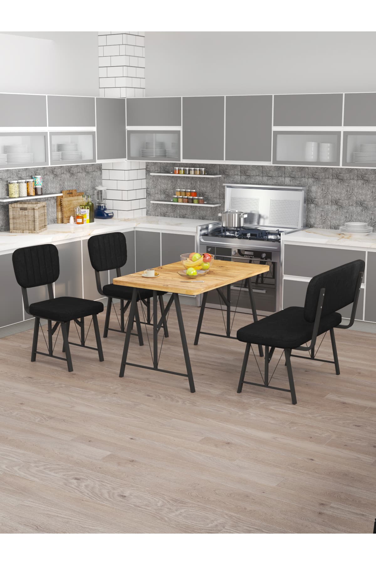 Mygusi Hayat 70x110 Atlantik Mutfak Masası, Mutfak Masası Takımı, Yemek Masası, 2 Sandalye 1 Bench - Siyah