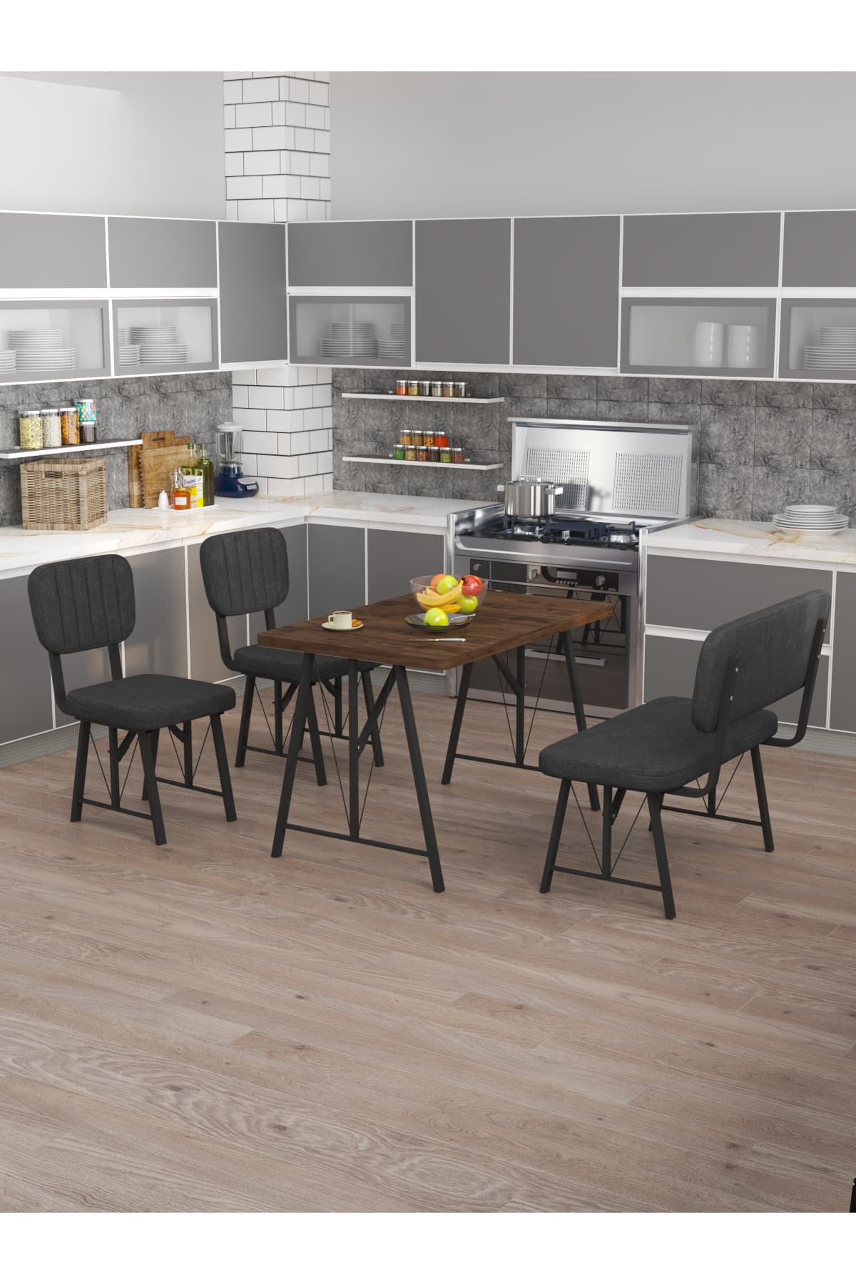 Mygusi Hayat 70x110 Amalfi Mutfak Masası, Mutfak Masası Takımı, Yemek Masası, 2 Sandalye 1 Bench - Antrasit