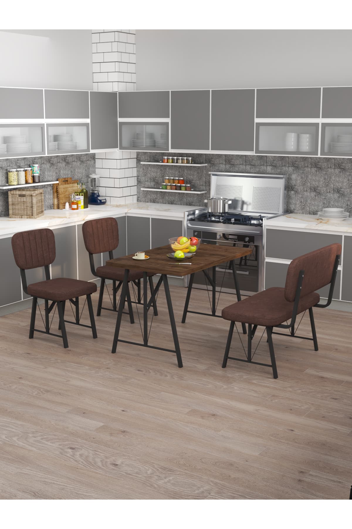 Mygusi Hayat 70x110 Amalfi, Mutfak Masası Takımı, Yemek Masası, 2 Sandalye 1 Bench - Kahverengi