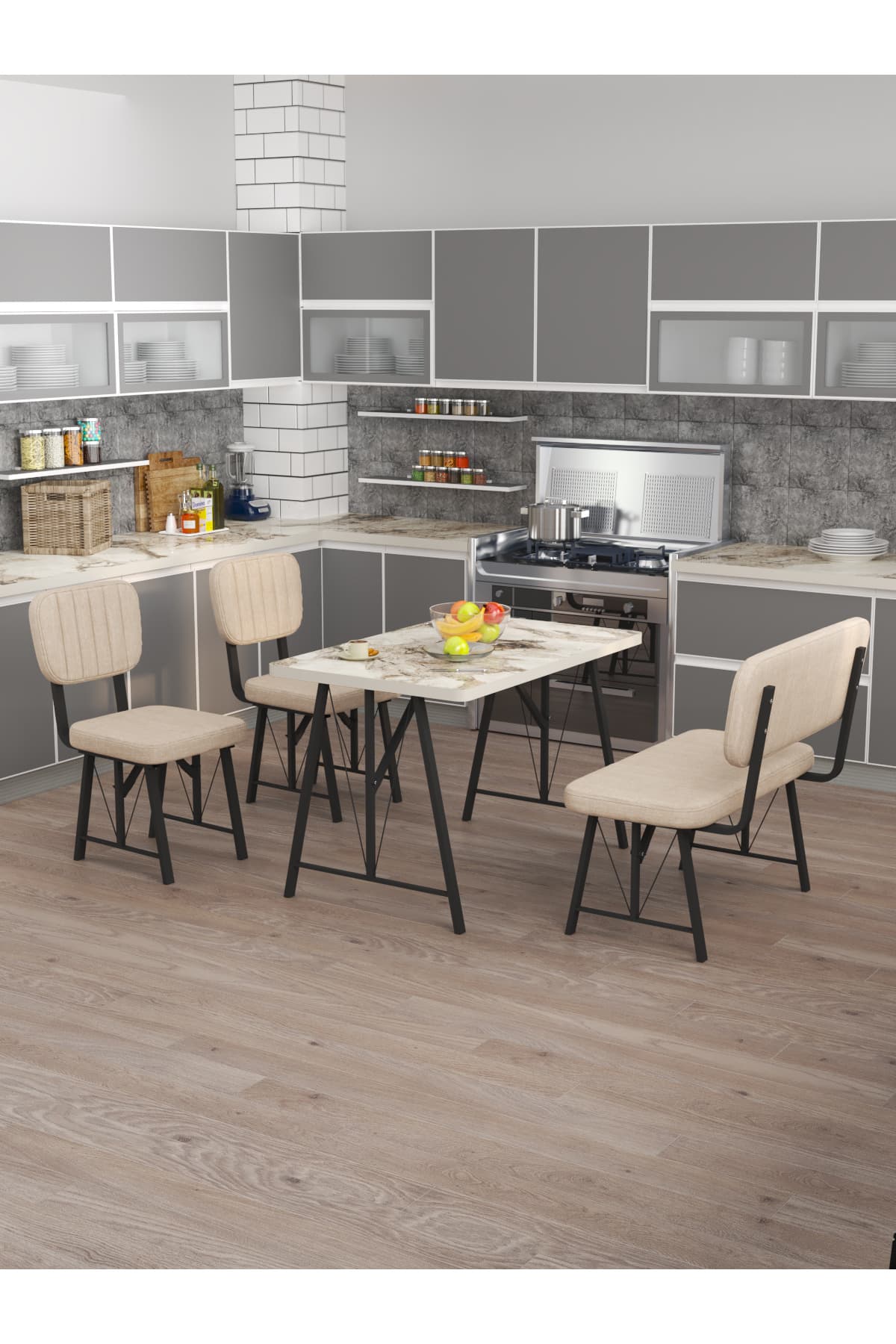 Mygusi Hayat 70x110 Efes Mutfak Masası, Mutfak Masası Takımı, Yemek Masası, 2 Sandalye 1 Bench - Krem