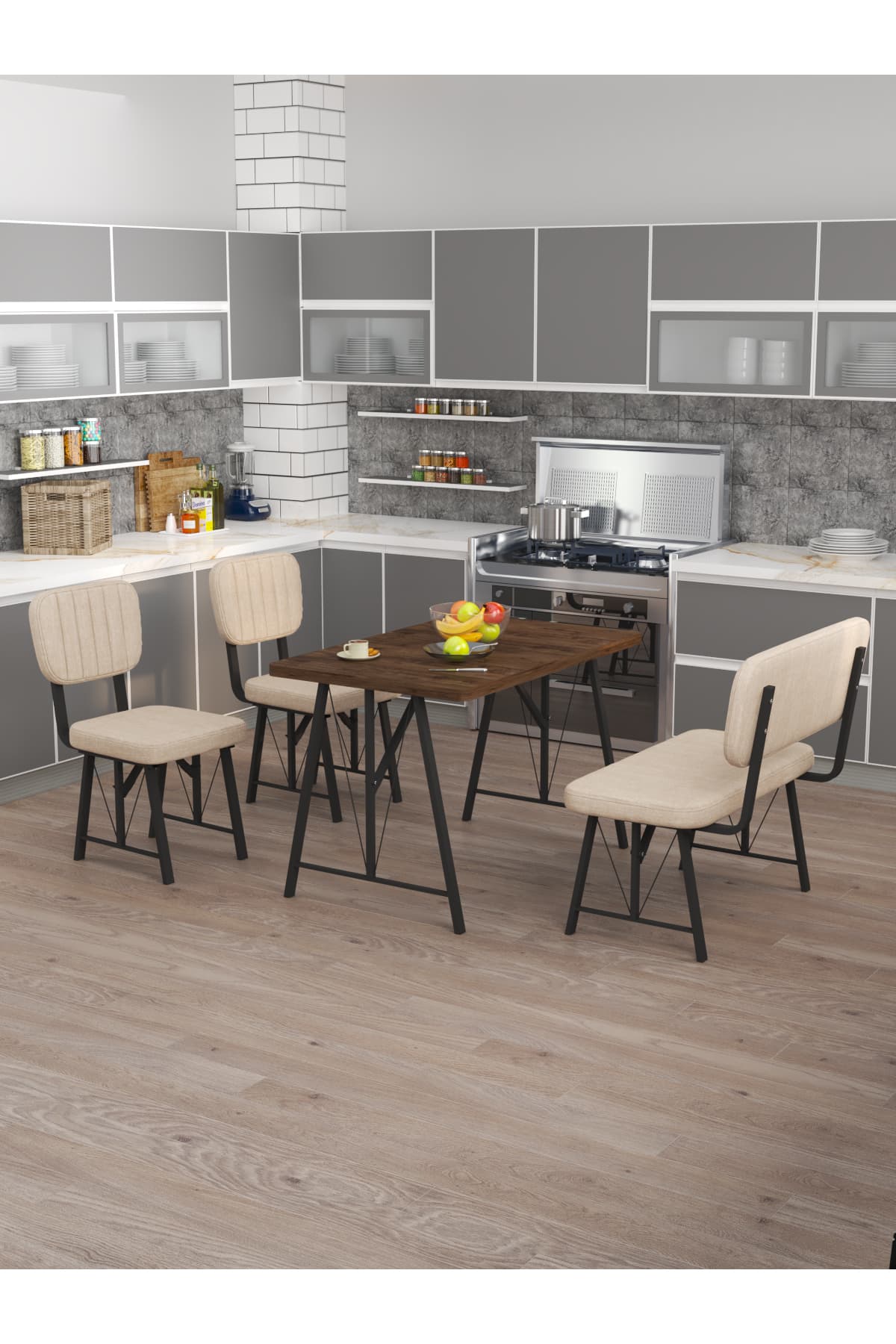 Mygusi Hayat 70x110 Amalfi Mutfak Masası, Mutfak Masası Takımı, Yemek Masası, 2 Sandalye 1 Bench - Krem