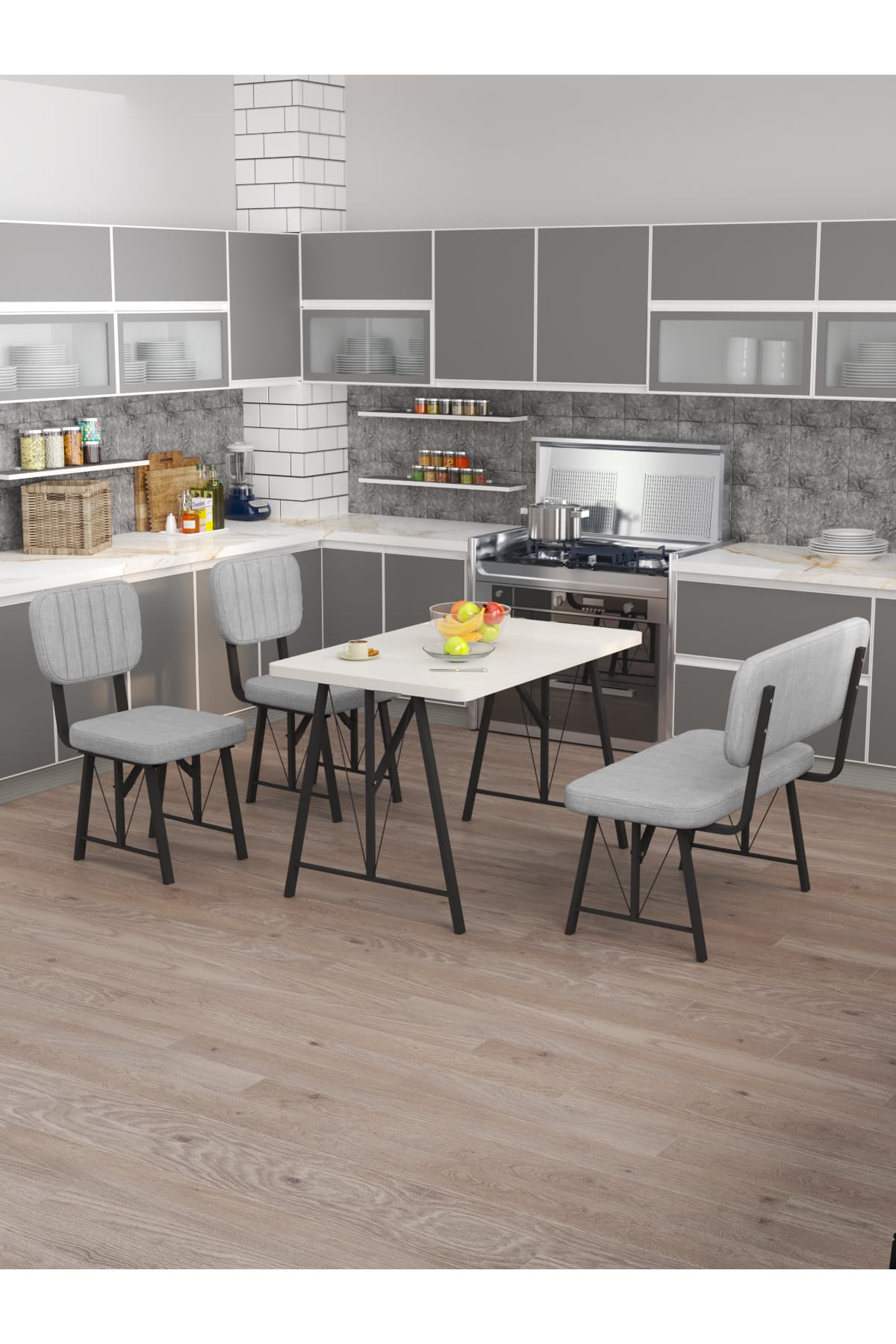 Mygusi Hayat 70x110 Beyaz Mutfak Masası, Mutfak Masası Takımı, Yemek Masası, 2 Sandalye 1 Bench - Açık Gri