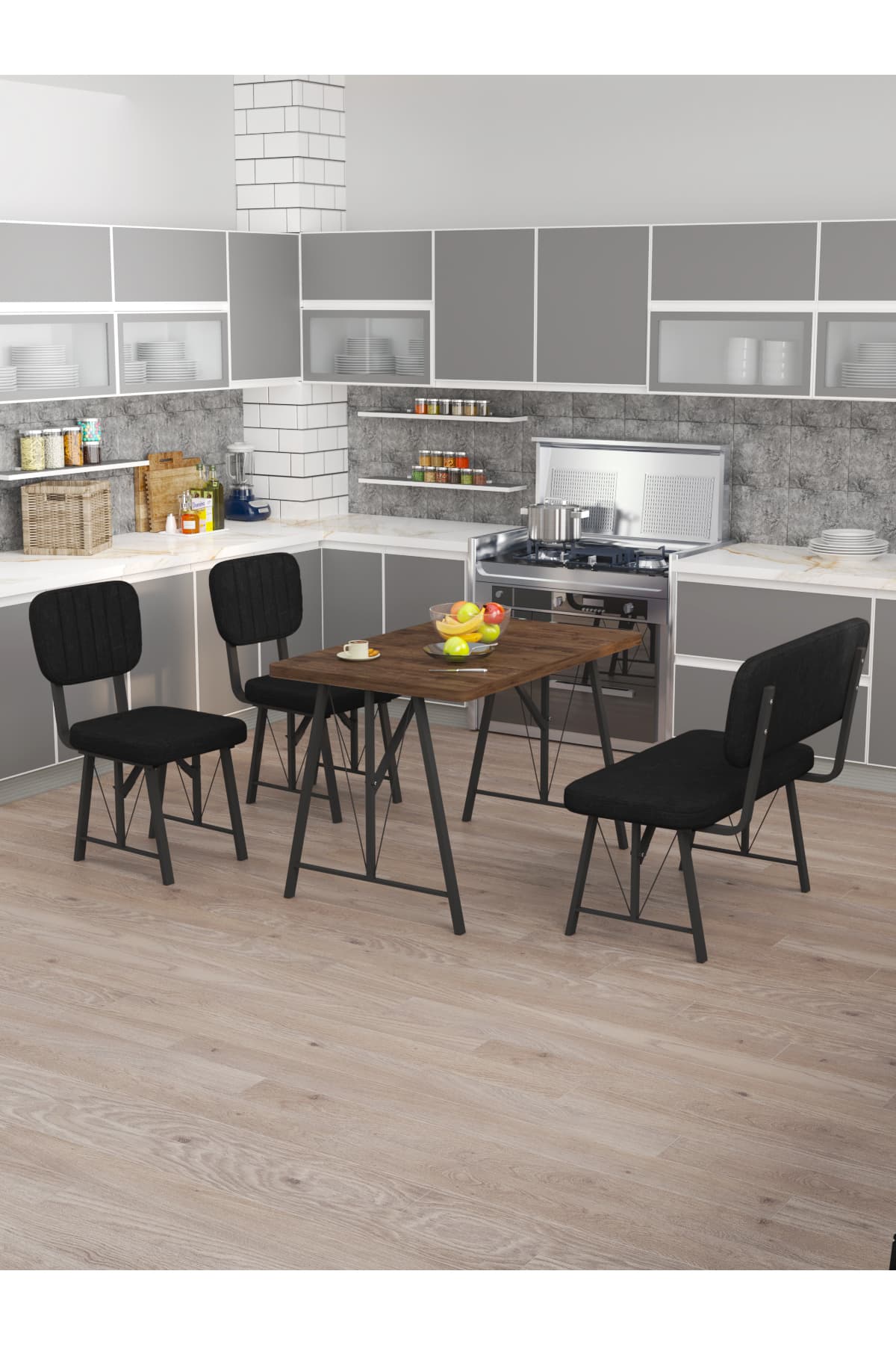 Mygusi Hayat 70x110 Amalfi Mutfak Masası, Mutfak Masası Takımı, Yemek Masası, 2 Sandalye 1 Bench - Siyah