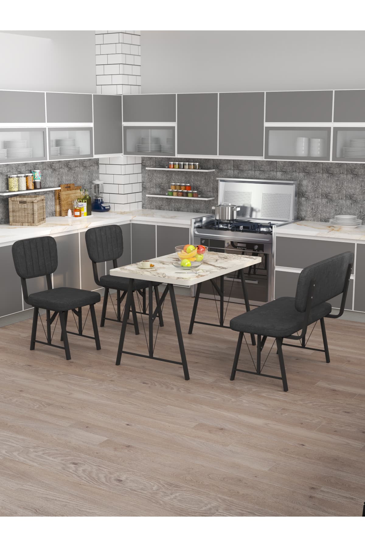 Mygusi Hayat 70x110 Efes Mutfak Masası, Mutfak Masası Takımı, Yemek Masası, 2 Sandalye 1 Bench - Antrasit