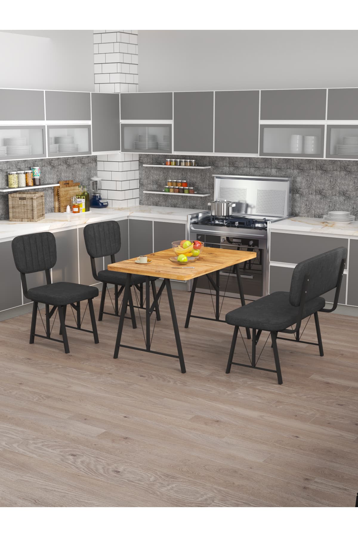 Mygusi Hayat 70x110 Atlantik, Mutfak Masası Takımı, Yemek Masası, 2 Sandalye 1 Bench - Antrasit