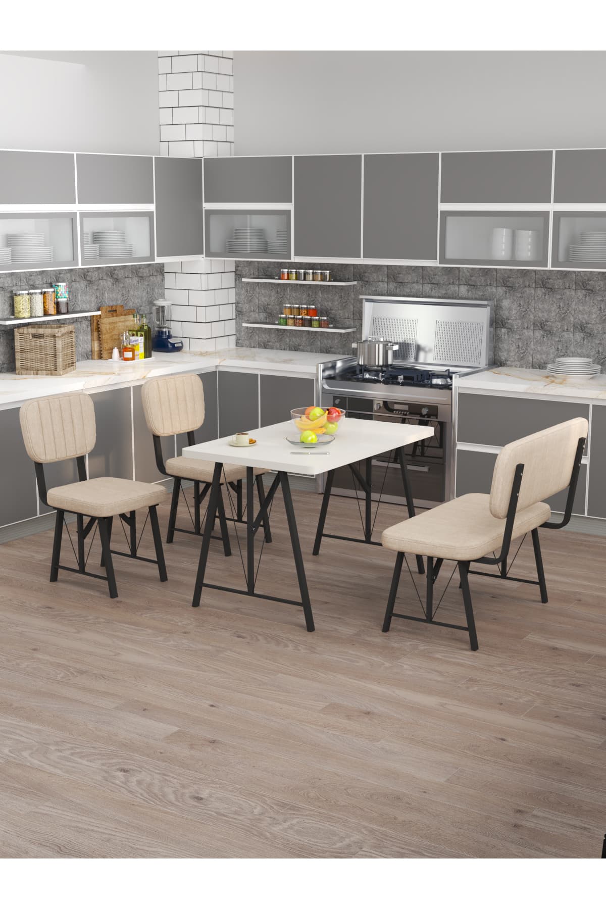 Mygusi Hayat 70x110 Beyaz Mutfak Masası, Mutfak Masası Takımı, Yemek Masası, 2 Sandalye 1 Bench - Krem