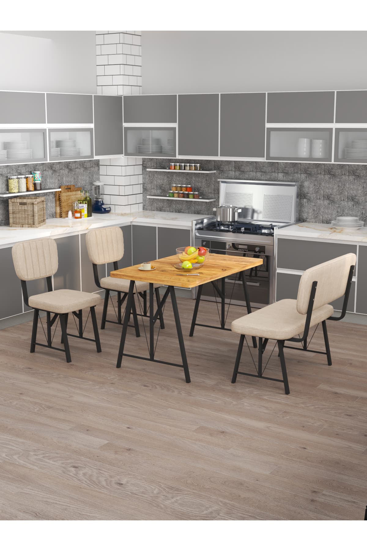 Mygusi Hayat 70x110 Atlantik Mutfak Masası, Mutfak Masası Takımı, Yemek Masası, 2 Sandalye 1 Bench - Krem