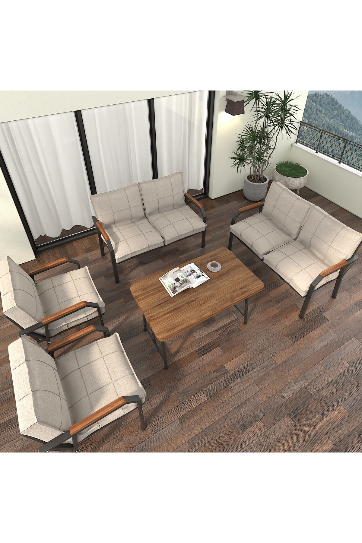 Mygusi Hayal Balkon Bahçe Cafe - Metal Kanepe Koltuk Takımı - 2 2 1 1 - 70x110 Cm Masalı - Krem