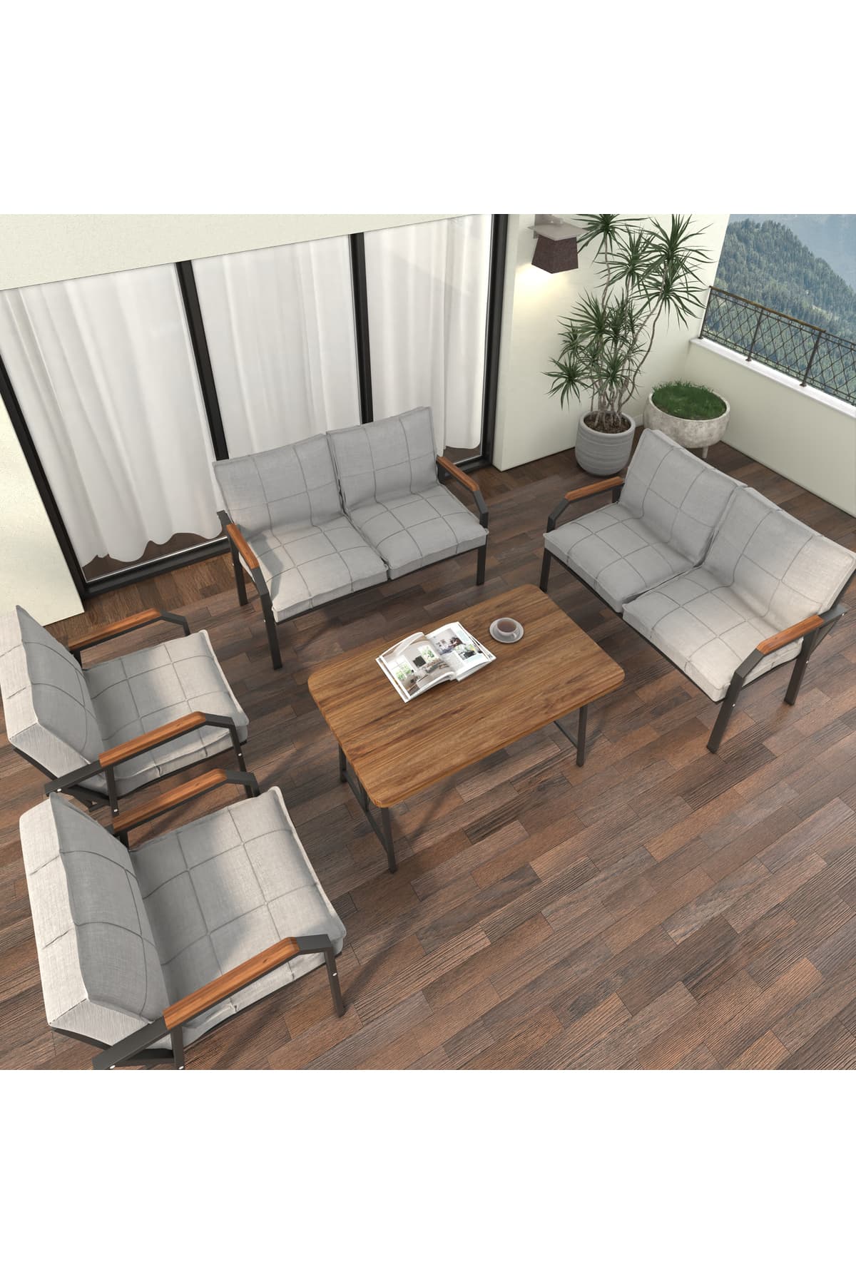 Mygusi Hayal Balkon Bahçe Cafe - Metal Kanepe Koltuk Takımı - 2 2 1 1 - 70x110 Cm Masalı - Açık Gri