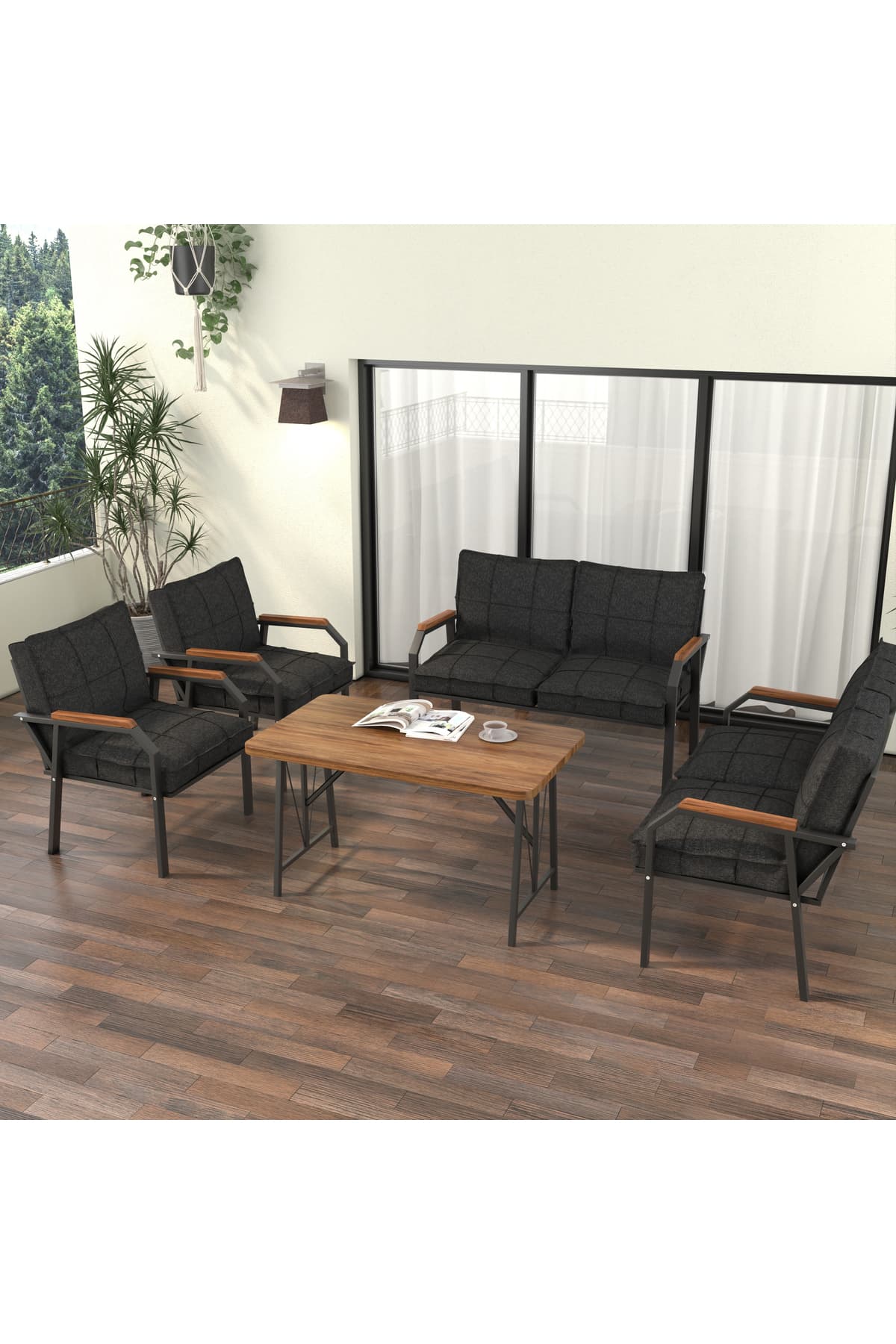 Mygusi Hayal Balkon Bahçe Cafe - Metal Kanepe Koltuk Takımı - 2 2 1 1 - 70x110 Cm Masalı - Antrasit