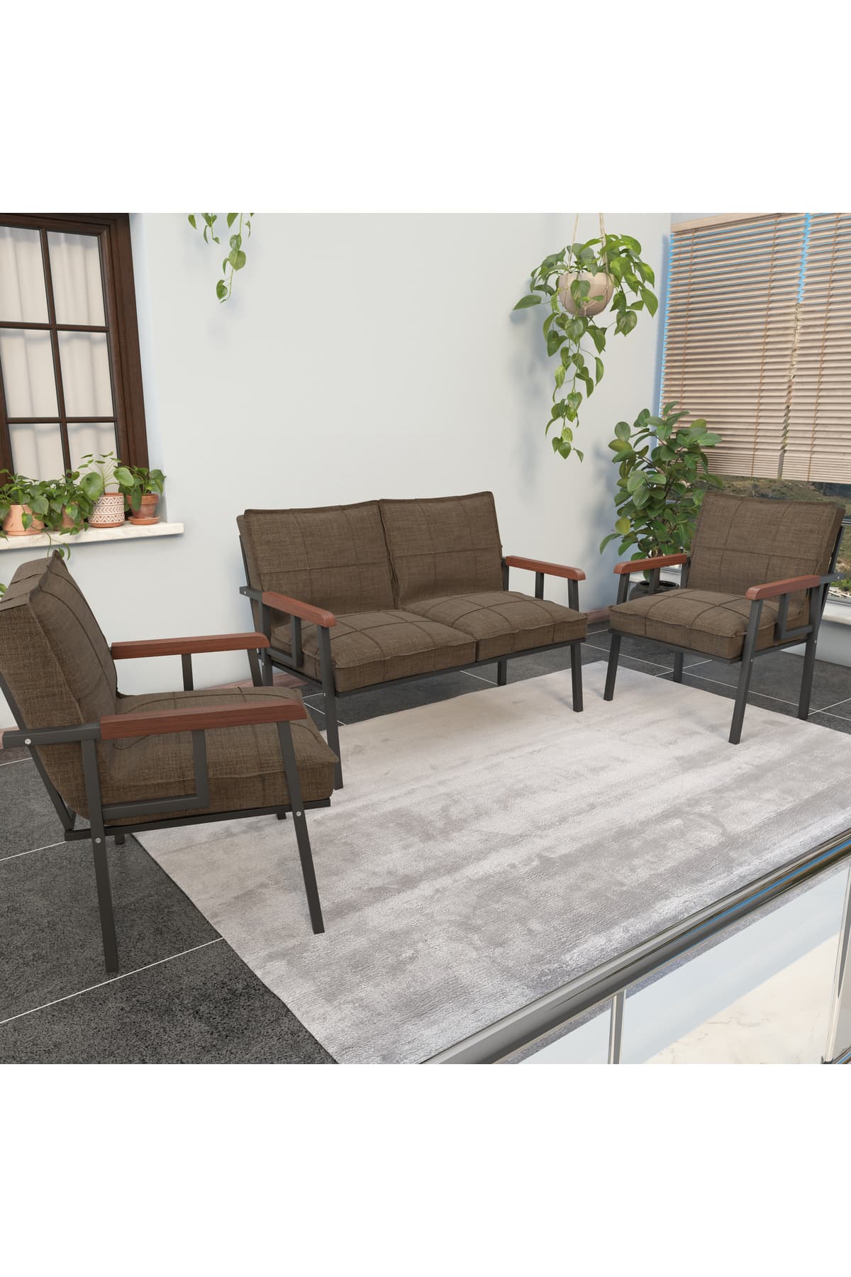 Mygusi Modern Balkon, Bahçe, Cafe, Metal Kanepe Koltuk Takımı , Bahçe Mobilyası, 211 - Kahverengi