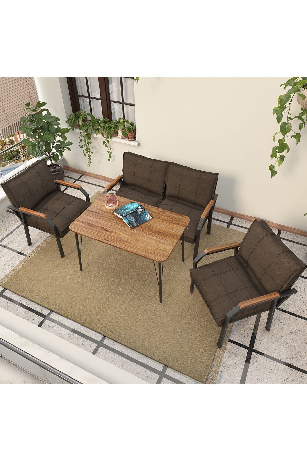 Mygusi Hayal Balkon, Bahçe, Cafe, Metal Kanepe Koltuk Takımı , Bahçe Mobilyası, 60x90 Masalı - 211 Kahve