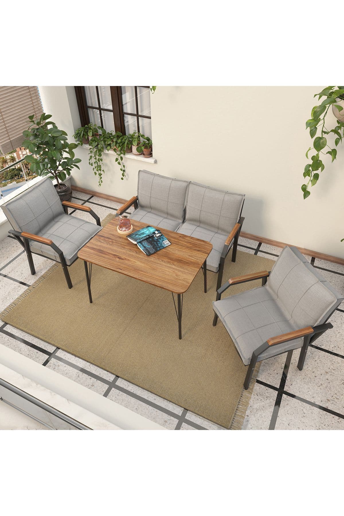 Mygusi Hayal Balkon, Bahçe, Cafe, Metal Kanepe Koltuk Takımı , Bahçe Mobilyası, 60x90 Masalı - 211 Açık Gri