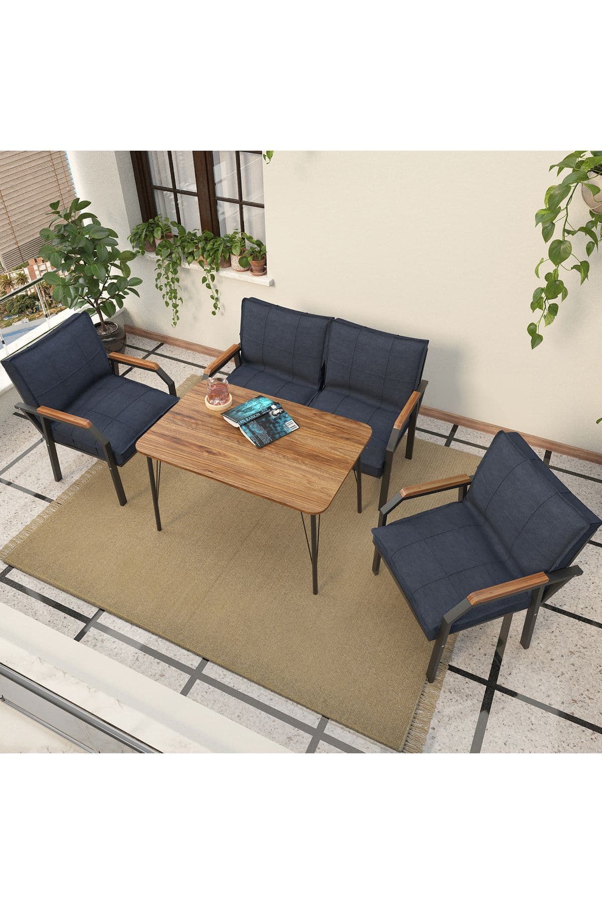 Mygusi Hayal Balkon, Bahçe, Cafe, Metal Kanepe Koltuk Takımı , Bahçe Mobilyası, 60x90 Masalı - 211 Lacivert