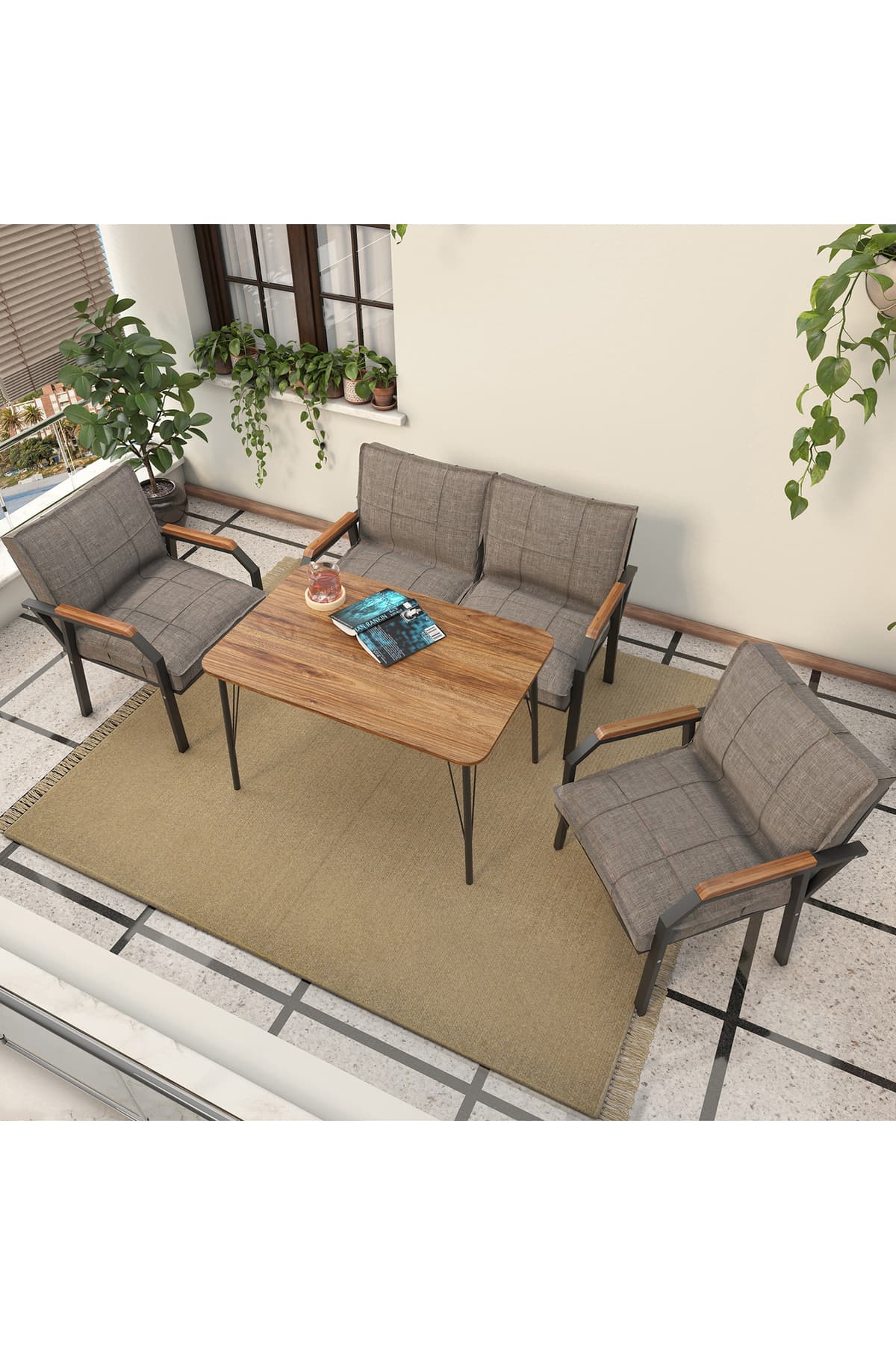 Mygusi Hayal Balkon, Bahçe, Cafe, Metal Kanepe Koltuk Takımı , Bahçe Mobilyası, 60x90 Masalı - 211 Capucino