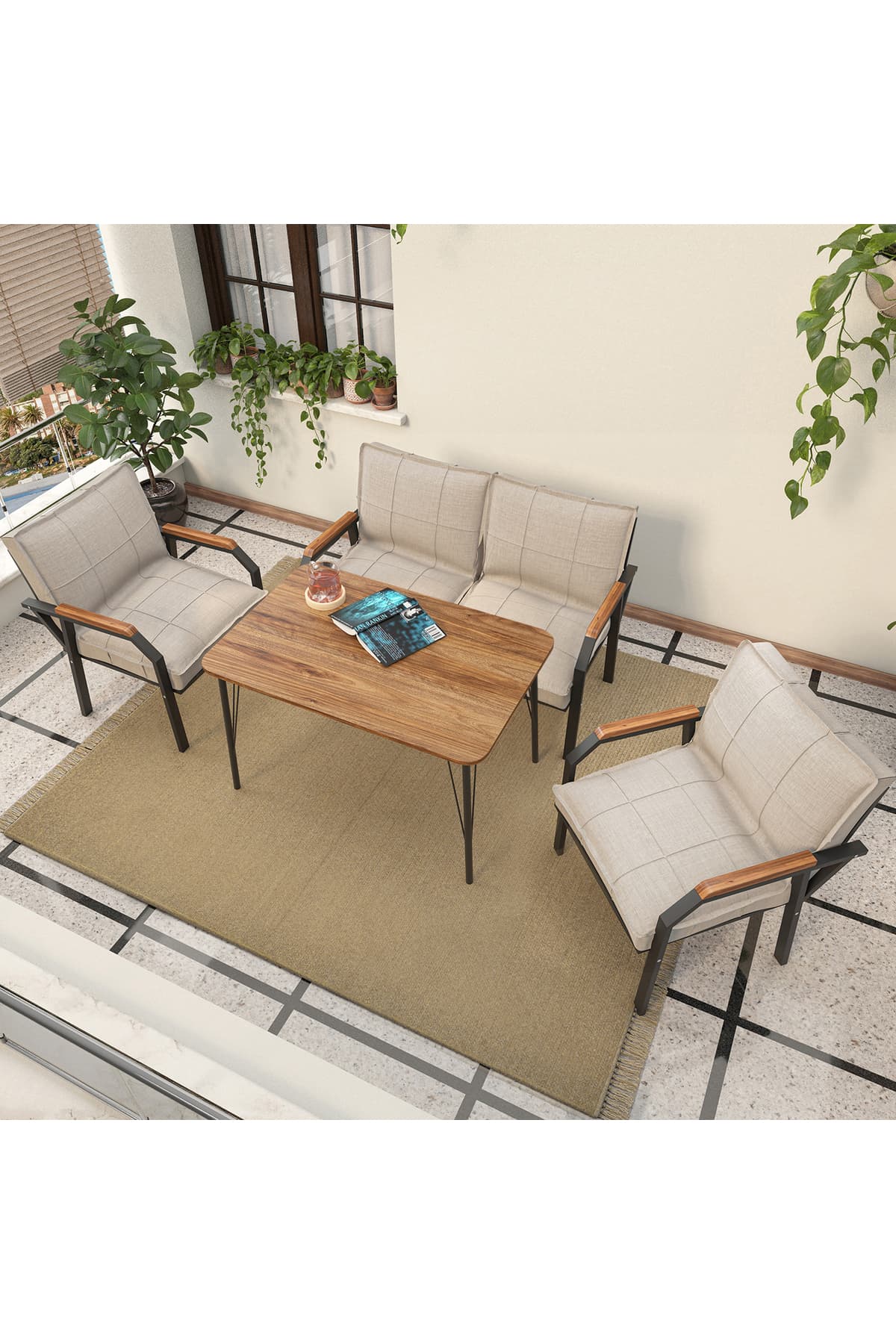 Mygusi Hayal Balkon, Bahçe, Cafe, Metal Kanepe Koltuk Takımı , Bahçe Mobilyası, 60x90 Masalı - 211 Krem