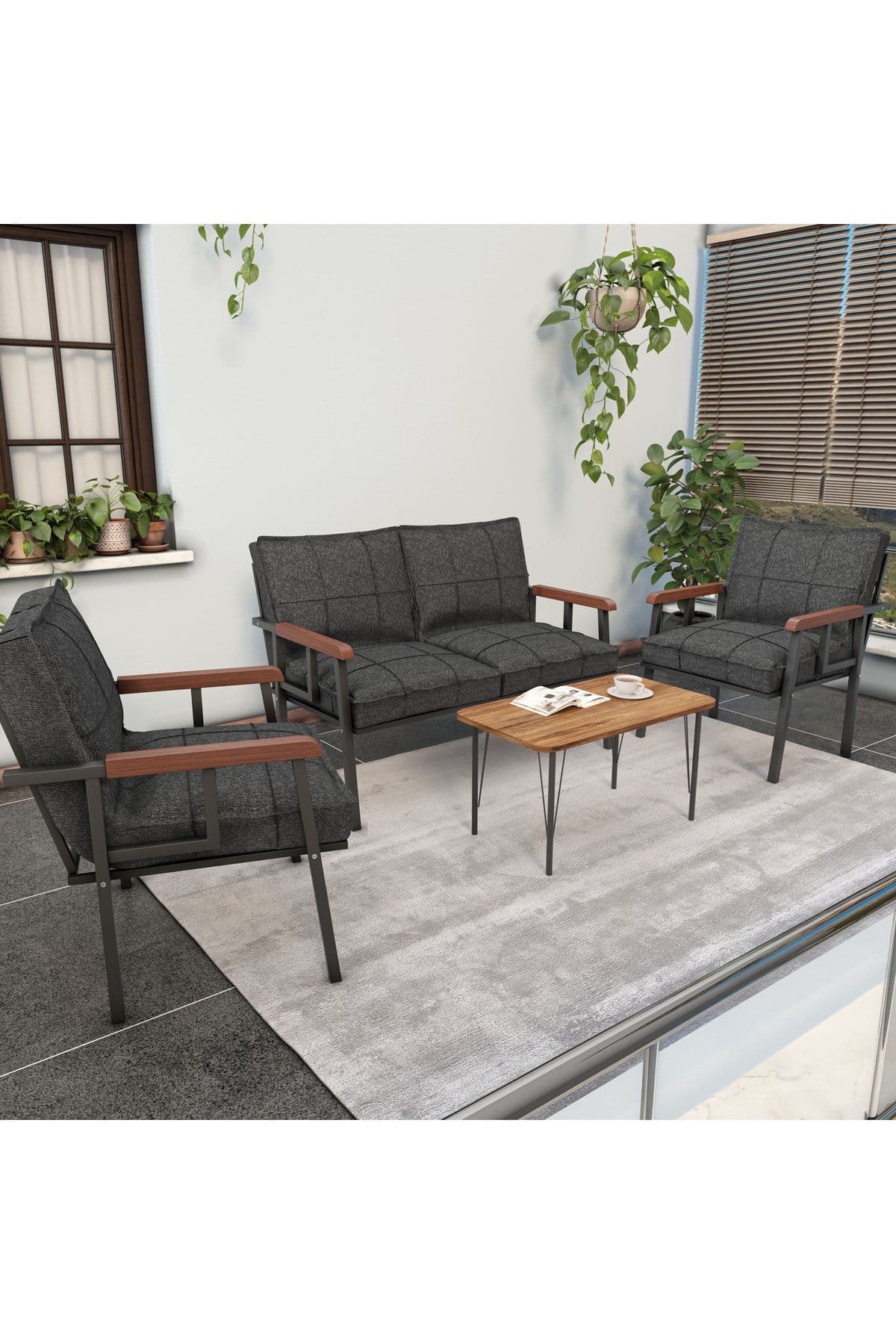 Mygusi Modern Serisi Balkon, Bahçe, Cafe - Metal Kanepe Koltuk Takımı - 2 1 1 Sehpa Hediyeli - Antrasit
