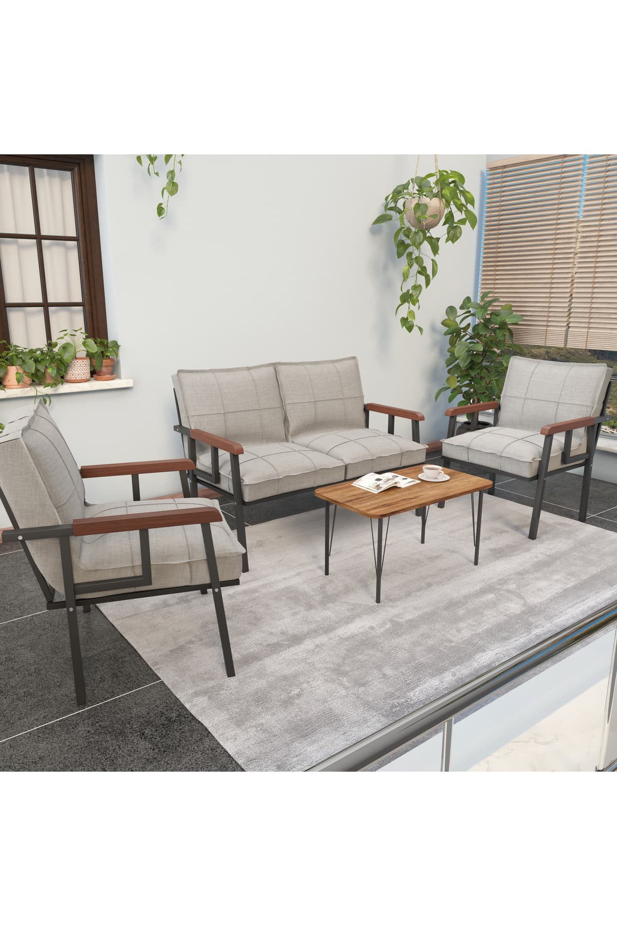 Mygusi Modern Serisi Balkon, Bahçe, Cafe - Metal Kanepe Koltuk Takımı - 2 1 1 Sehpa Hediyeli - Krem
