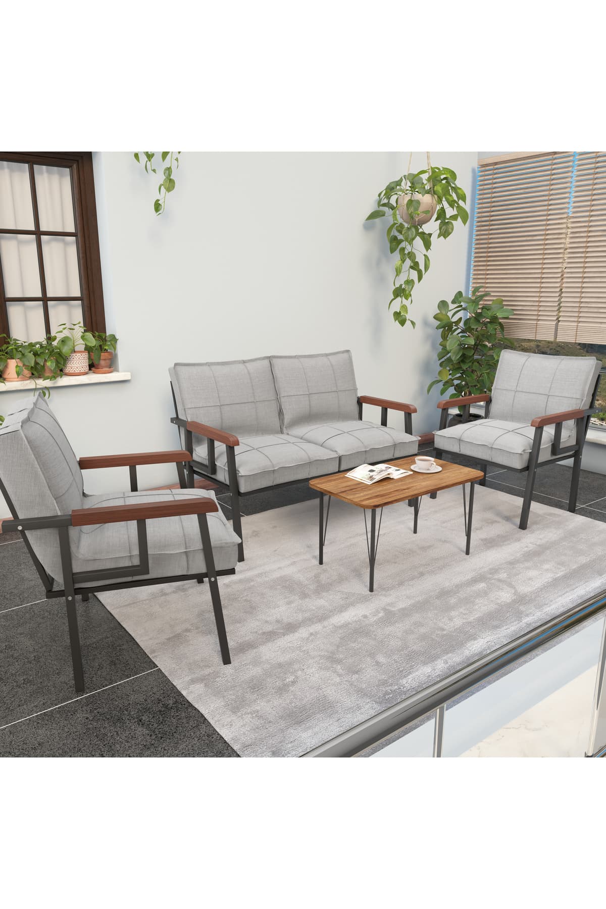 Mygusi Modern Serisi Balkon, Bahçe, Cafe - Metal Kanepe Koltuk Takımı - 2 1 1 Sehpa Hediyeli - Açık Gri