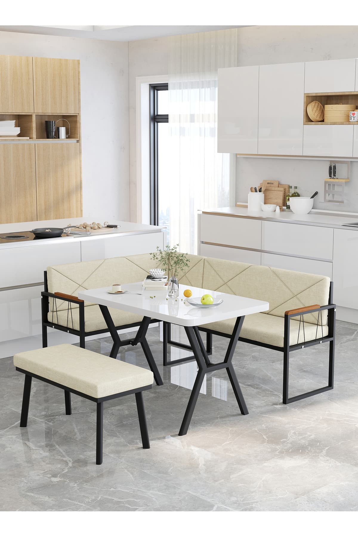 Mygusi Src 70x110cm white with table, corner set, kitchen, balcony corner set, kitchen table set - cream