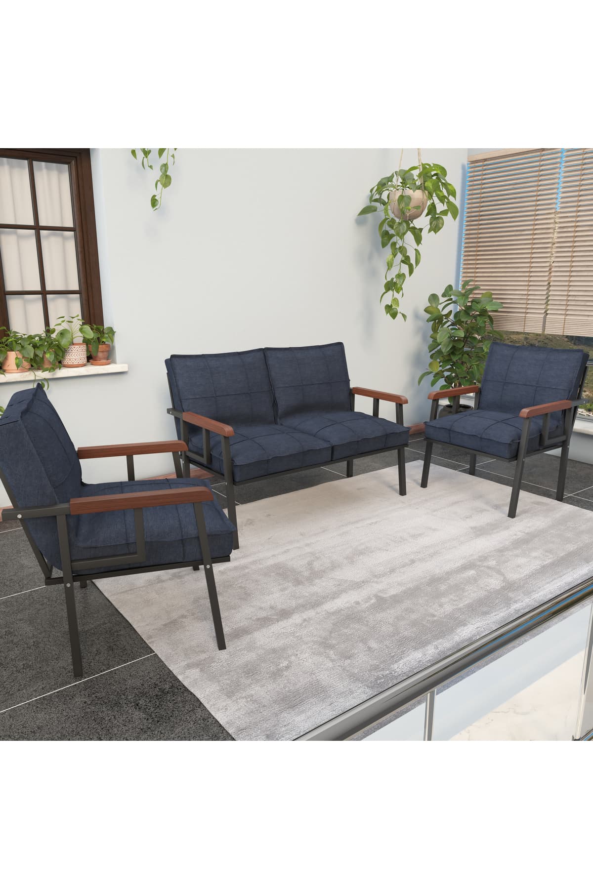 Mygusi Modern Balkon, Bahçe, Cafe, Metal Kanepe Koltuk Takımı , Bahçe Mobilyası, 211 - Lacivert