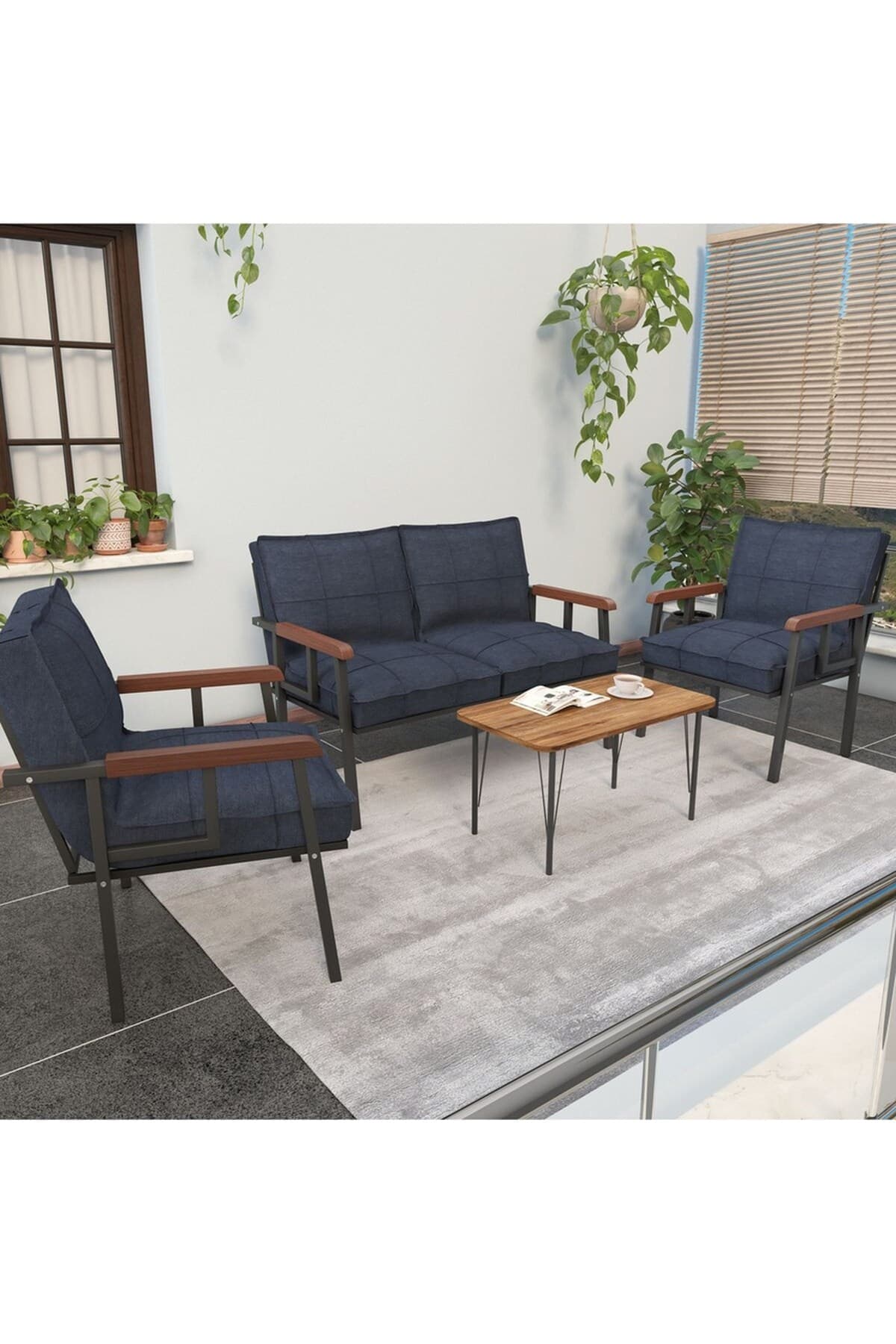 Mygusi Modern Serisi Balkon, Bahçe, Cafe - Metal Kanepe Koltuk Takımı - 2+1+1 Sehpalı - Lacivert