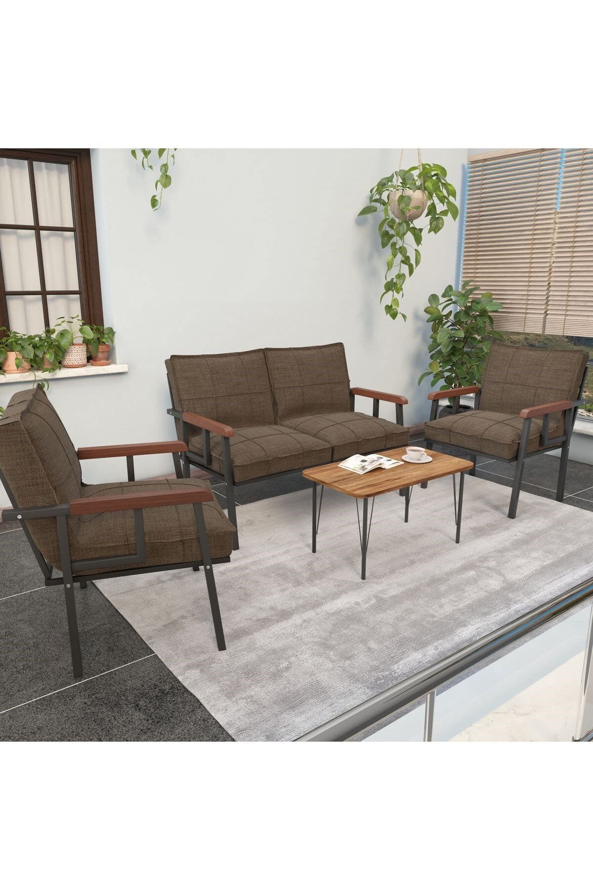 Mygusi Modern Serisi Balkon, Bahçe, Cafe - Metal Kanepe Koltuk Takımı - 2+1+1 Sehpalı - Kahverengi