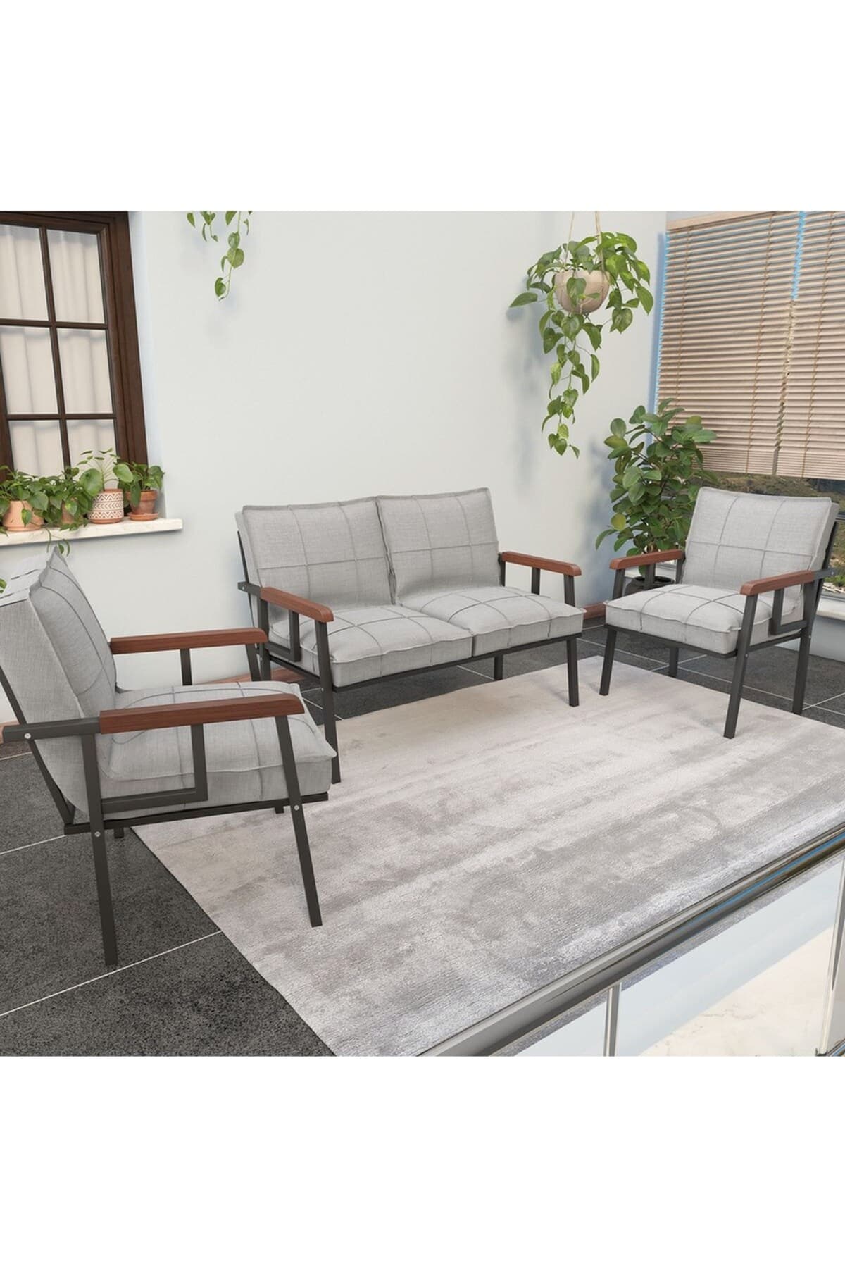 Mygusi Modern Balkon, Bahçe, Cafe, Metal Kanepe Koltuk Takımı , Bahçe Mobilyası, 211 - Açık Gri