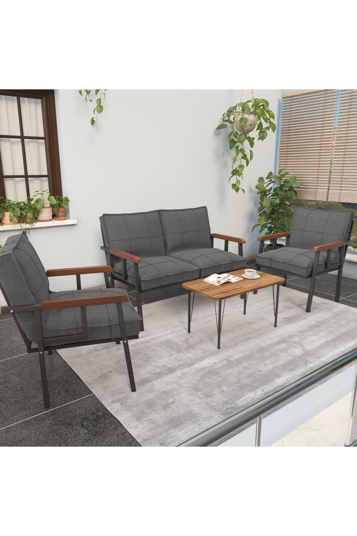 Mygusi Modern Serisi Balkon, Bahçe, Cafe - Metal Kanepe Koltuk Takımı - 2 1 1 - Sehpalı Koyu Gri