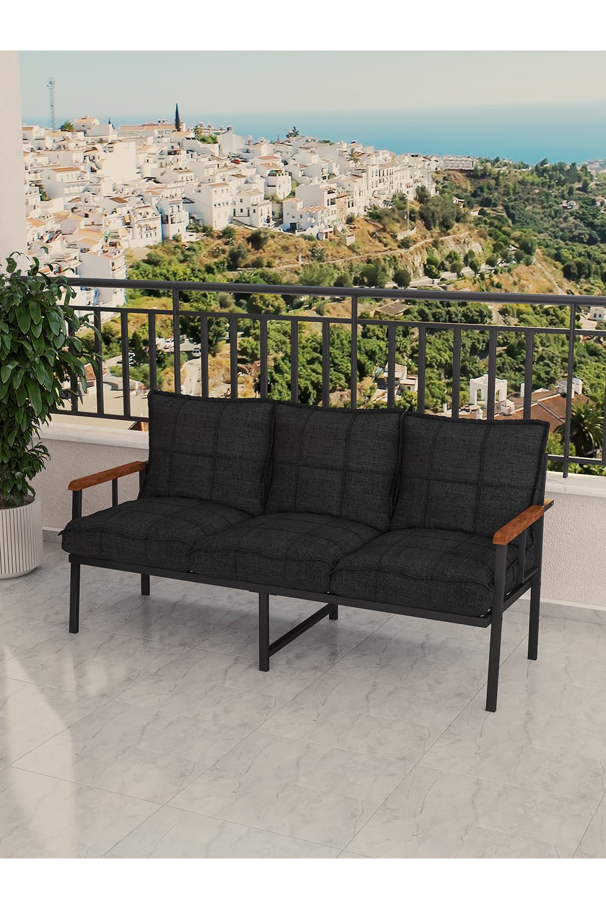 Mygusi Modern Balkon, Bahçe, Cafe, Metal Koltuk, Kanepe Üçlü - Siyah