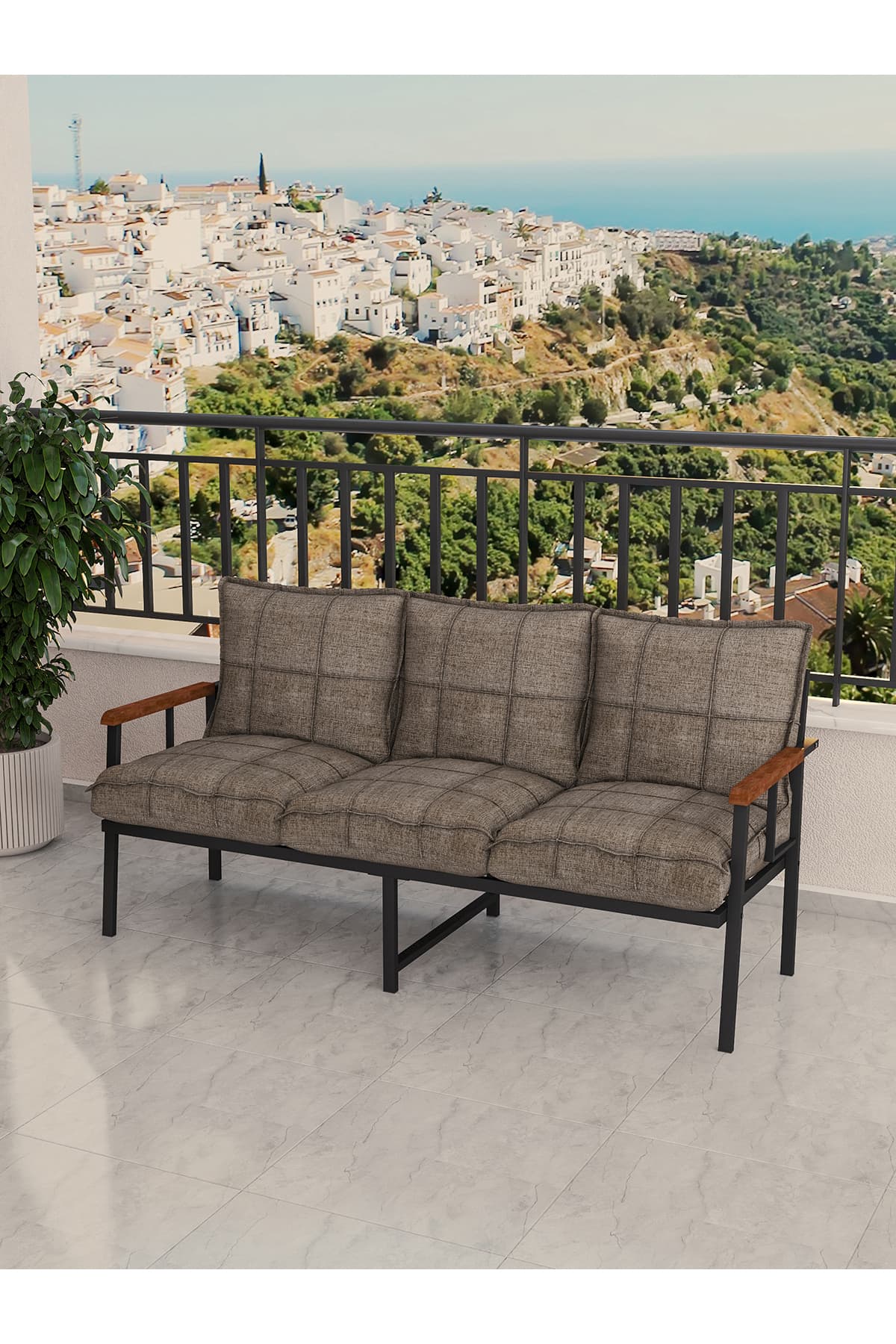 Mygusi Modern Balkon, Bahçe, Cafe, Metal Koltuk, Kanepe Üçlü - Cappucino