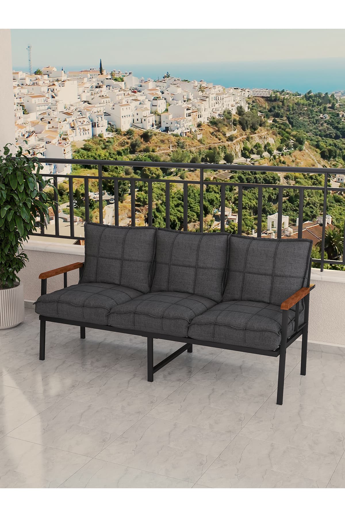 Mygusi Modern Balkon, Bahçe, Cafe, Metal Koltuk, Kanepe Üçlü - Koyu Gri