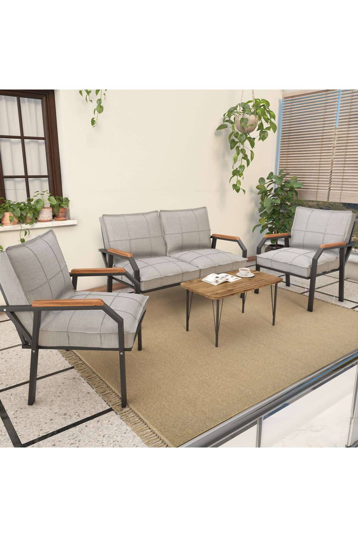Mygusi Hayal Balkon, Bahçe, Cafe, Metal Kanepe Koltuk Takımı , Bahçe Mobilyası, 211 Sehpalı - Açık Gri