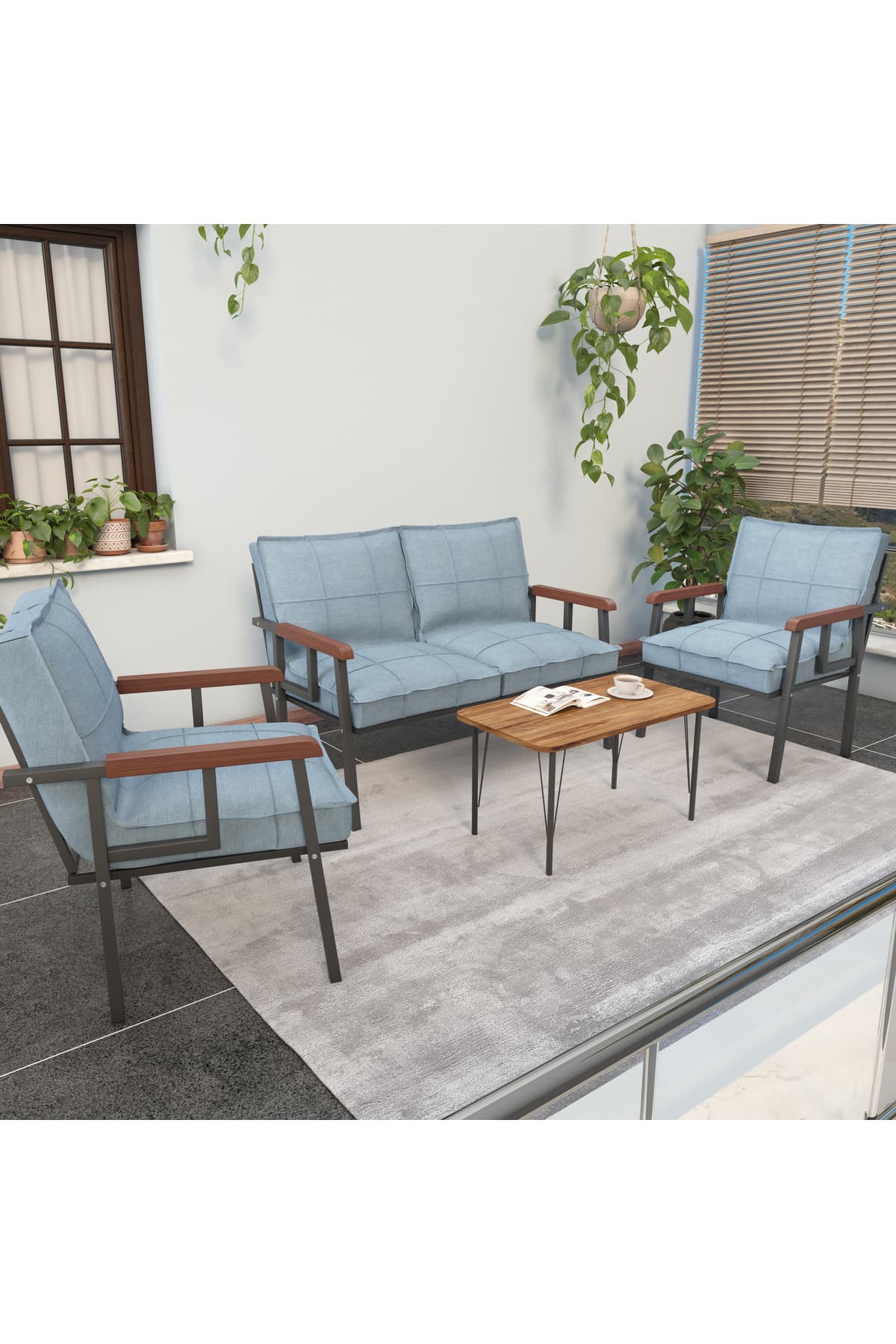 Mygusi Modern Serisi Balkon, Bahçe, Cafe - Metal Kanepe Koltuk Takımı - 2+1+1 Sehpalı - Turkuaz