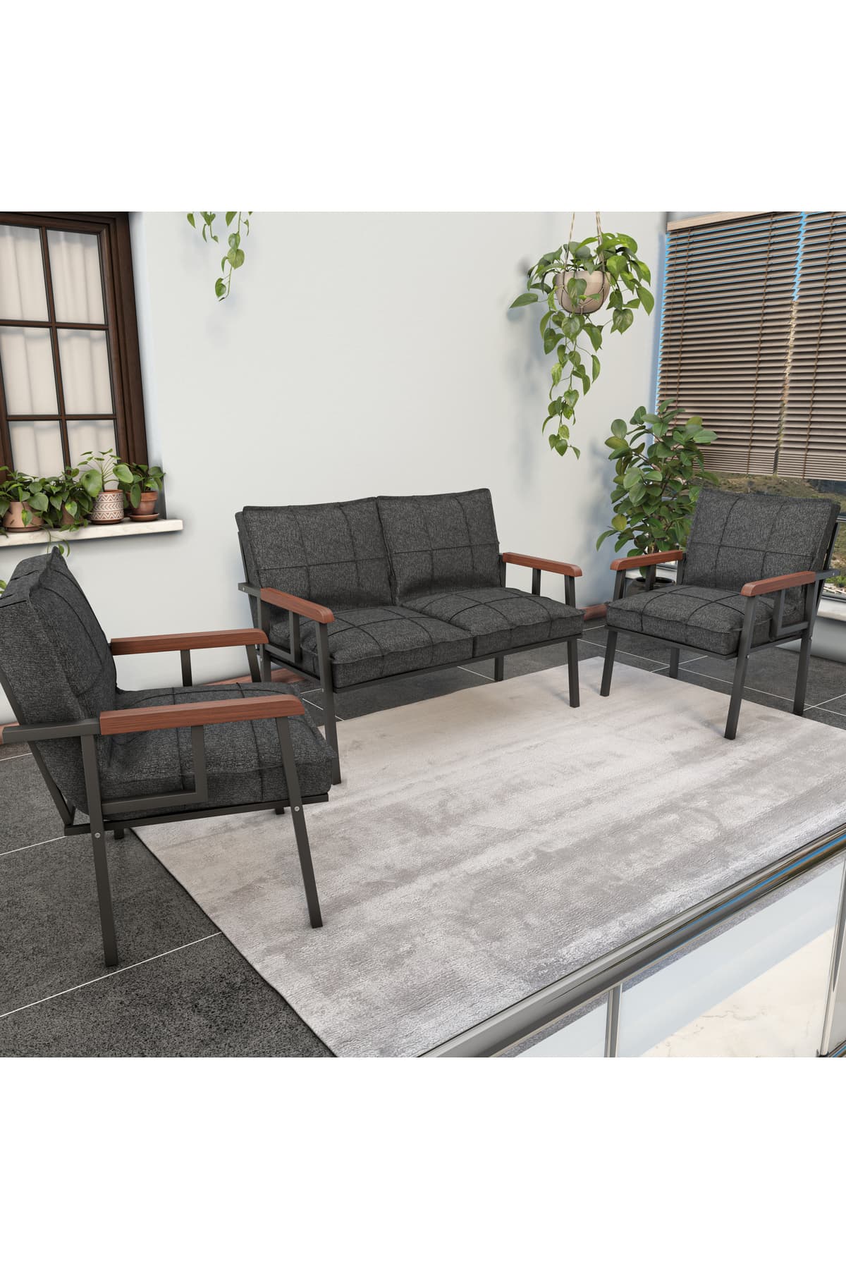 Mygusi Modern Balkon, Bahçe, Cafe, Metal Kanepe Koltuk Takımı , Bahçe Mobilyası, 211 - Antrasit