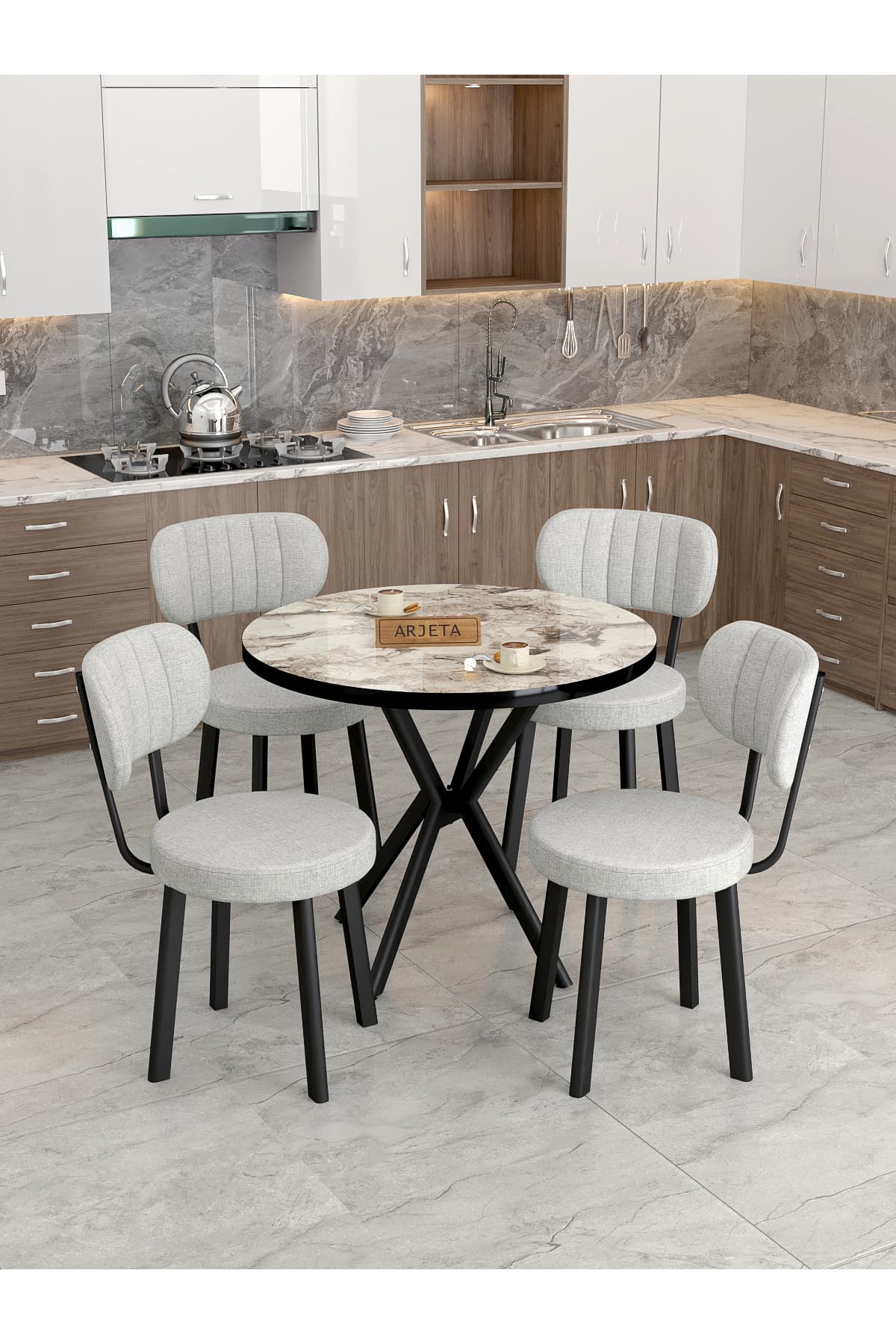 Mygusi Azra kitchen table set 90 Cm table white Mermer + 4 chair