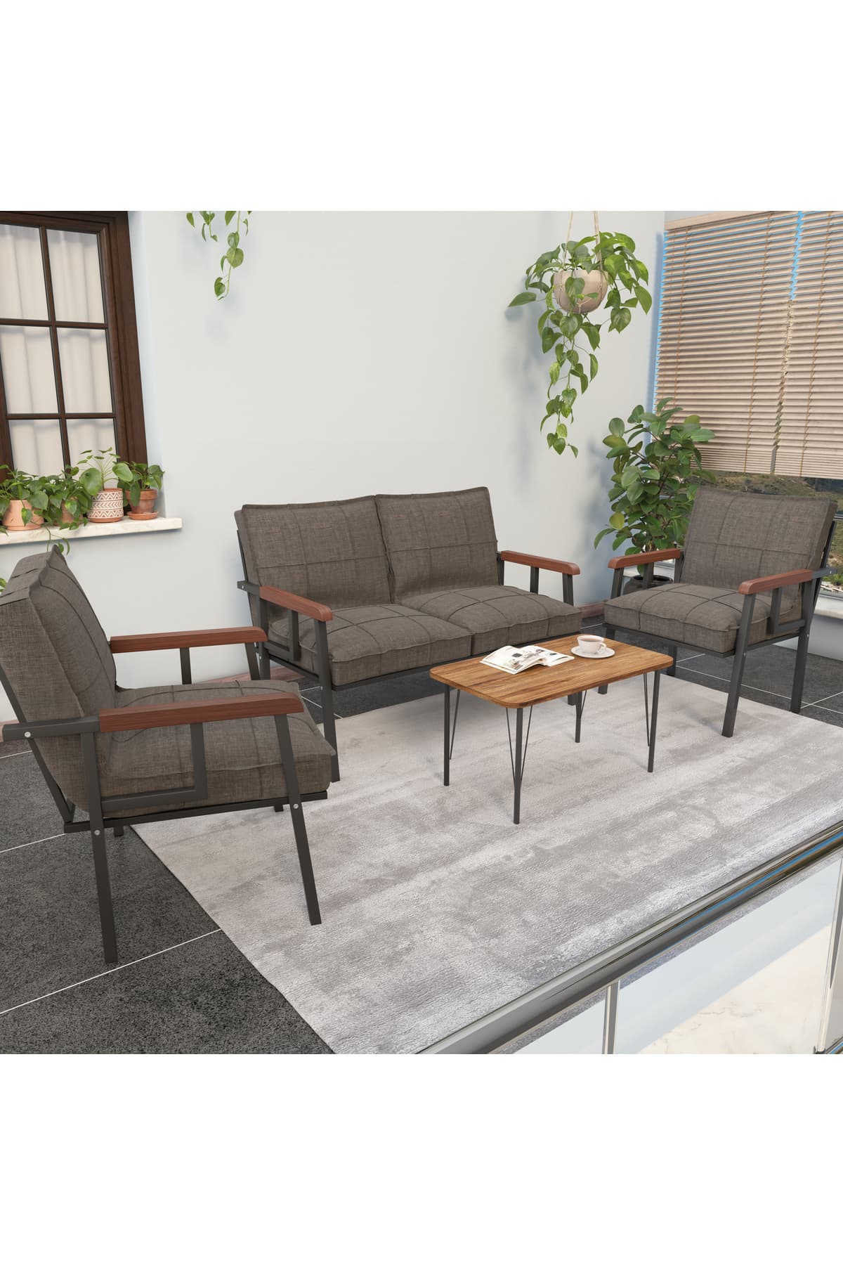 Mygusi Modern Serisi Balkon, Bahçe, Cafe - Metal Kanepe Koltuk Takımı - 2 1 1 Sehpa Hediyeli - Cappucino