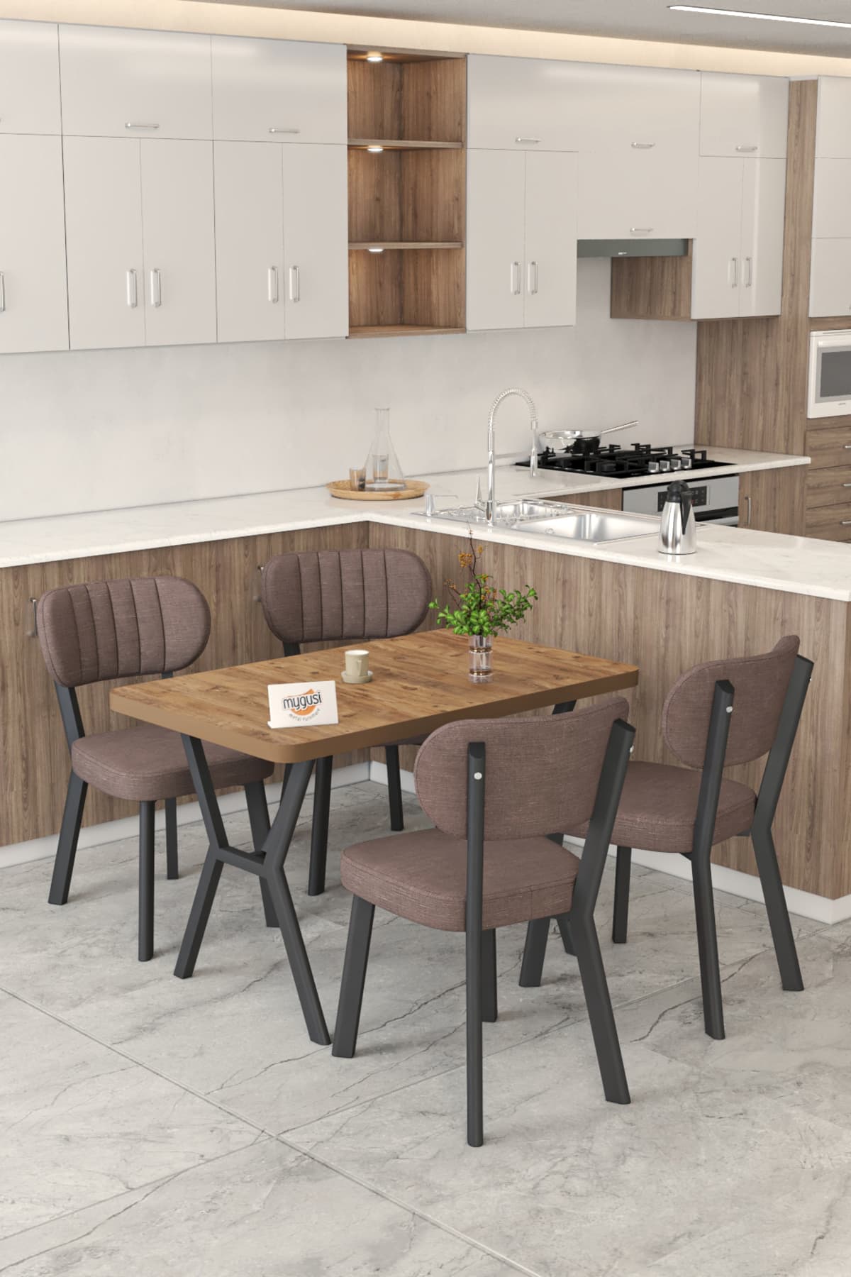 Mygusi Gnr 70x110cm Sabit Atlantik Mutfak Masası Takımı, Yemek Masası, 4 Modern Kahverengi Sandalye