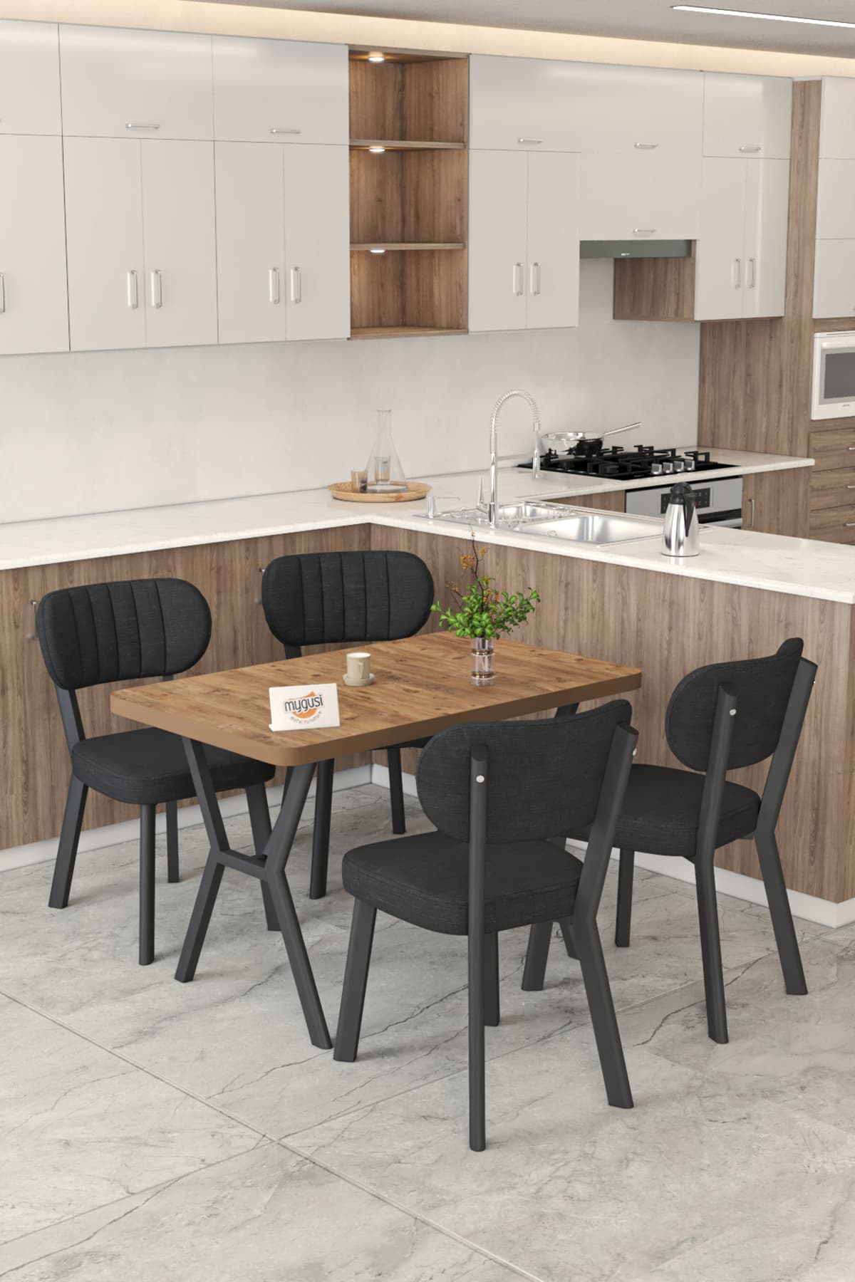 Mygusi Gnr 70x110cm fixed Atlantik kitchen table set, dining table, 4 modern black chair
