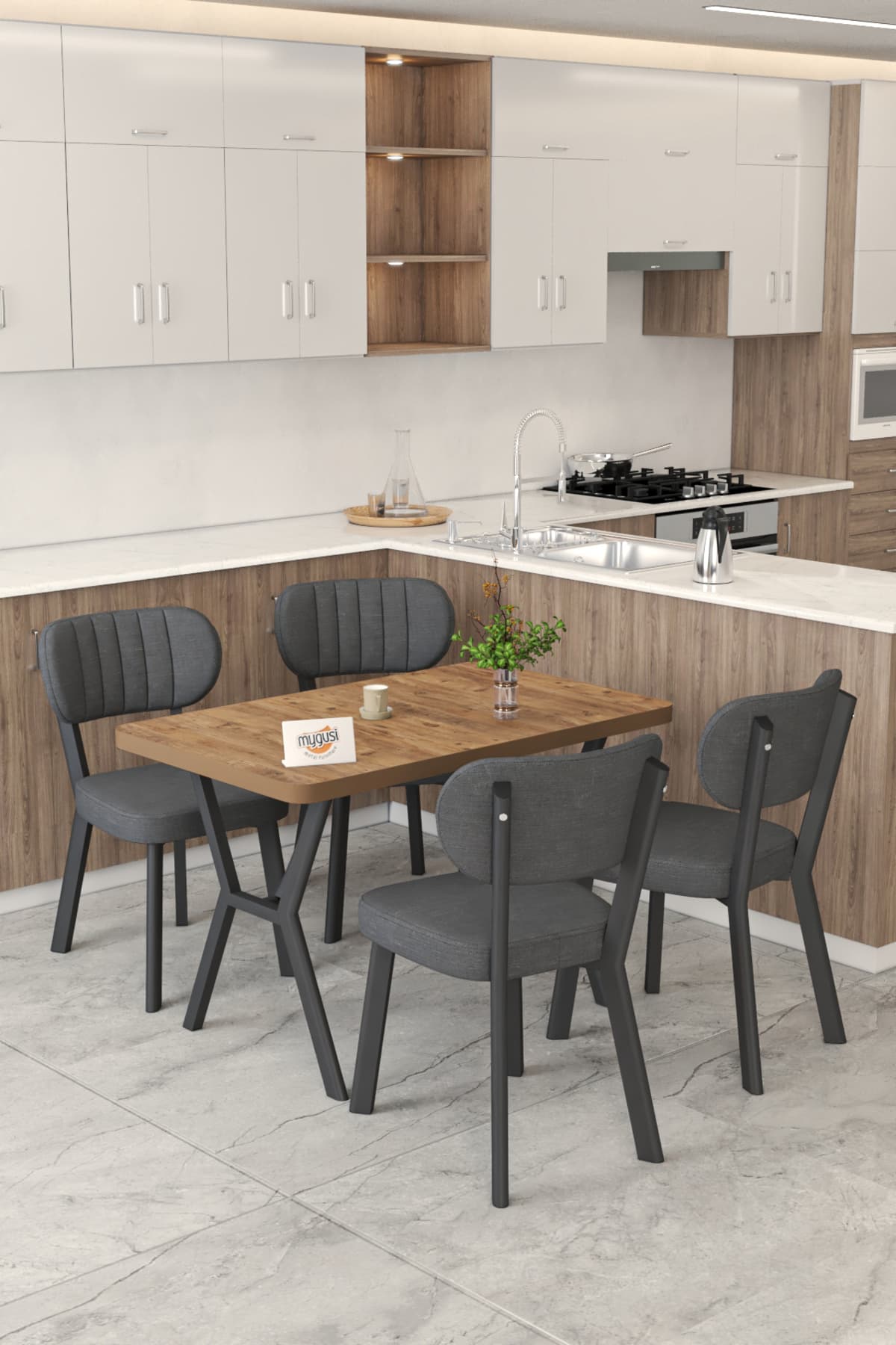 Mygusi Gnr 70x110cm Sabit Atlantik Mutfak Masası Takımı, Yemek Masası, 4 Modern Antrasit Sandalye