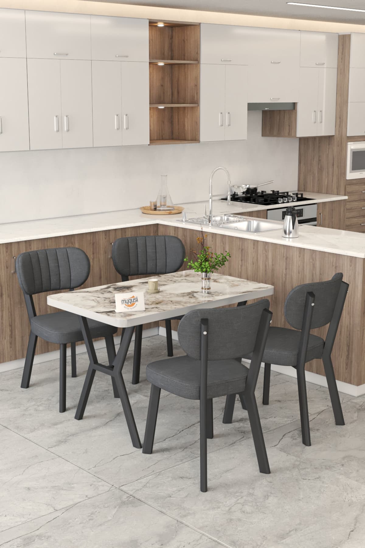 Mygusi Gnr 70x110cm Sabit Efes Mutfak Masası Takımı, Yemek Masası, 4 Modern Antrasit Sandalye