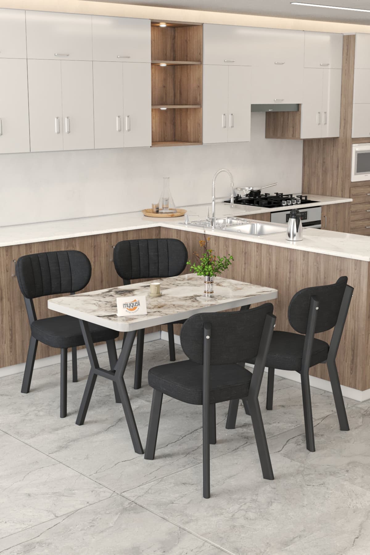 Mygusi Gnr 70x110cm Sabit Efes Mutfak Masası Takımı, Yemek Masası, 4 Modern Siyah Sandalye