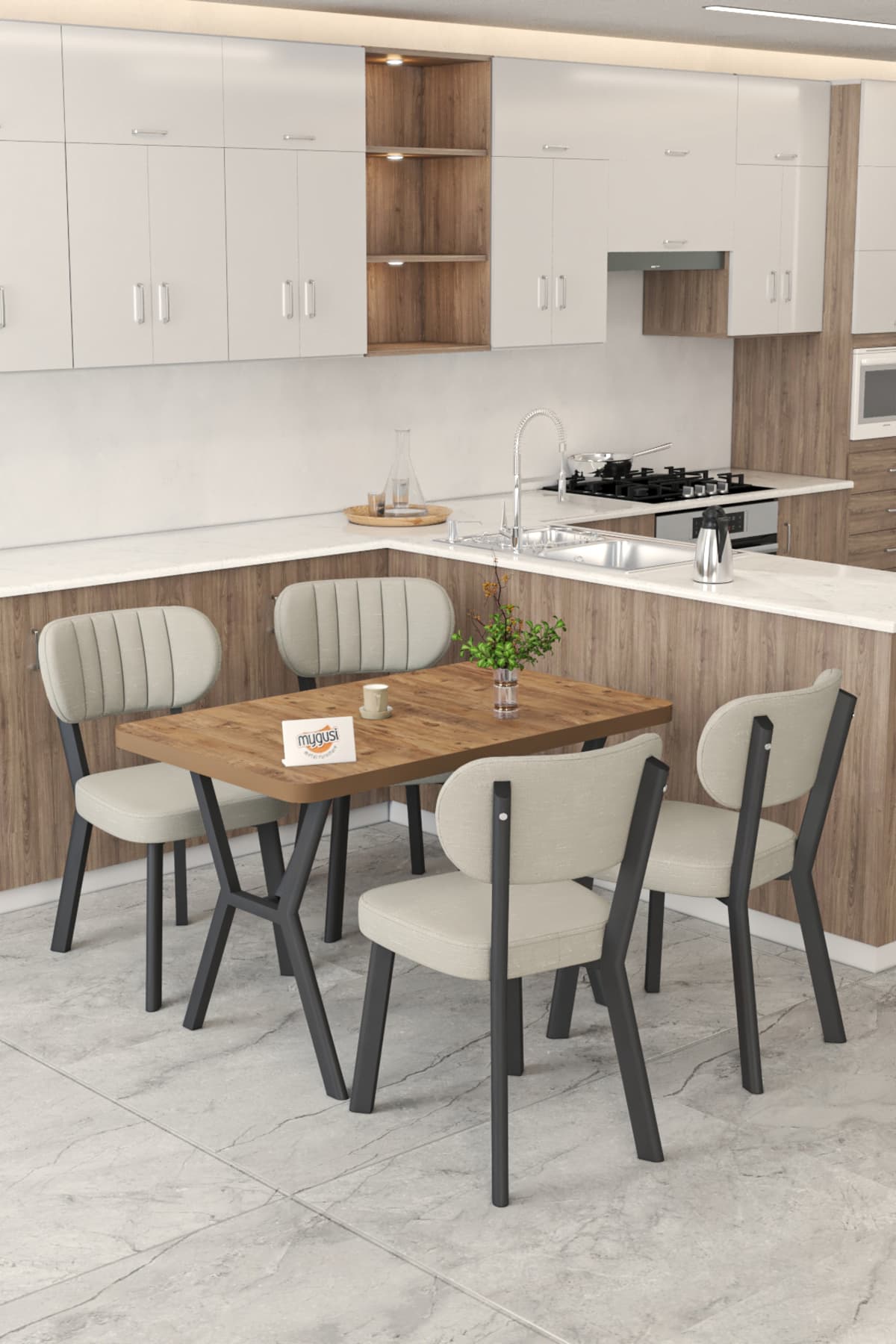 Mygusi Gnr 70x110cm Sabit Atlantik Mutfak Masası Takımı, Yemek Masası, 4 Modern Krem Sandalye