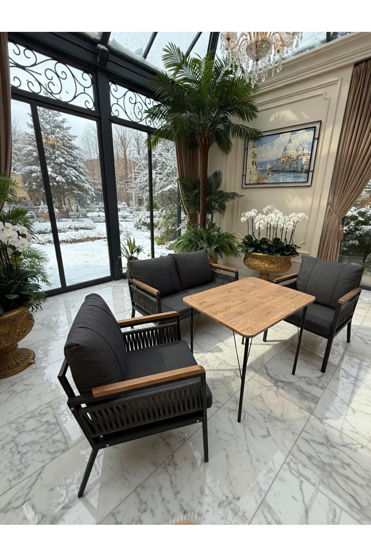 Mygusi Beta Serisi 60x90 Masalı Modern İp Örgü detaylı, Bahçe Mobilyası, Balkon Takımı - 2+1+1 Antrasit